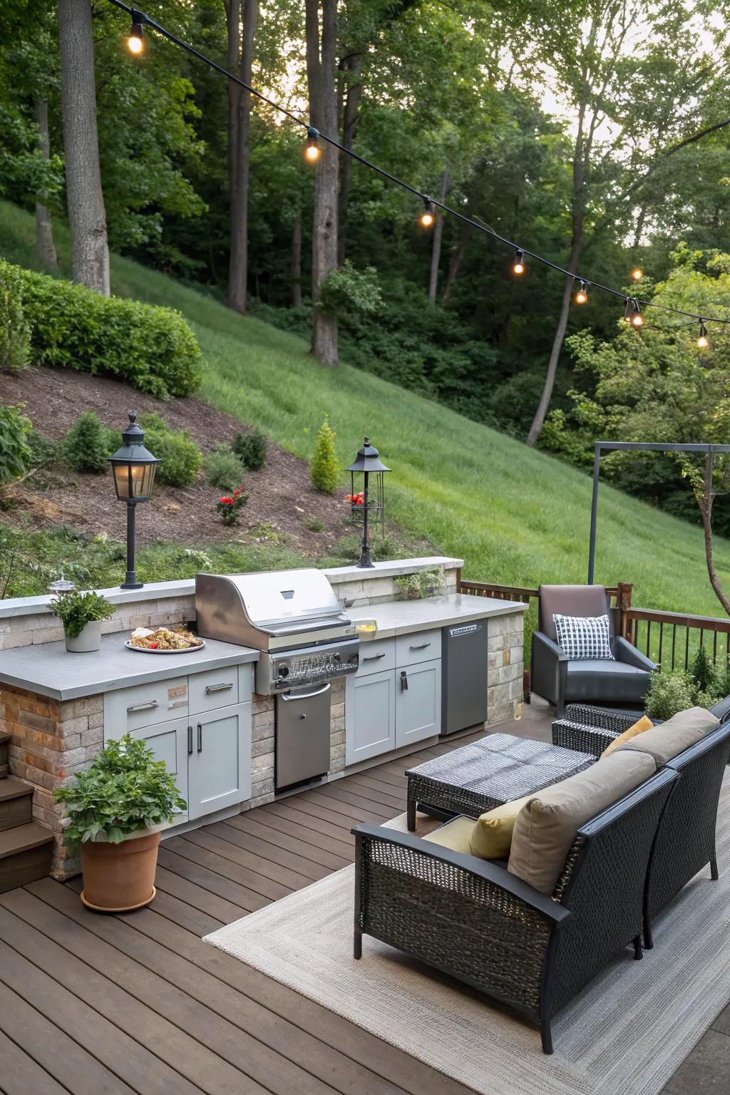 An exterior cooking space transforms cooking into an alfresco delight.