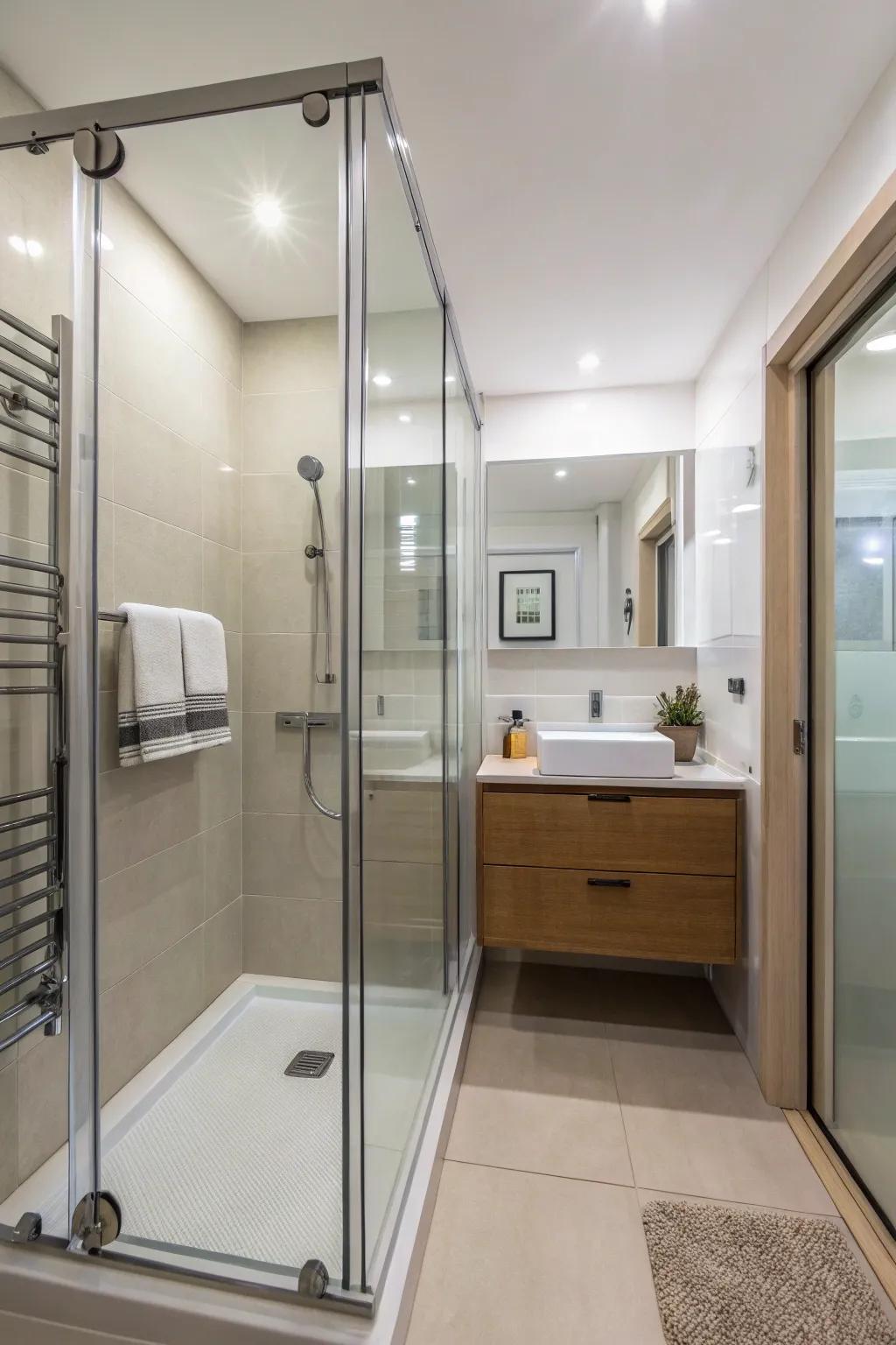 Glass shower doors help preserve a spacious atmosphere.