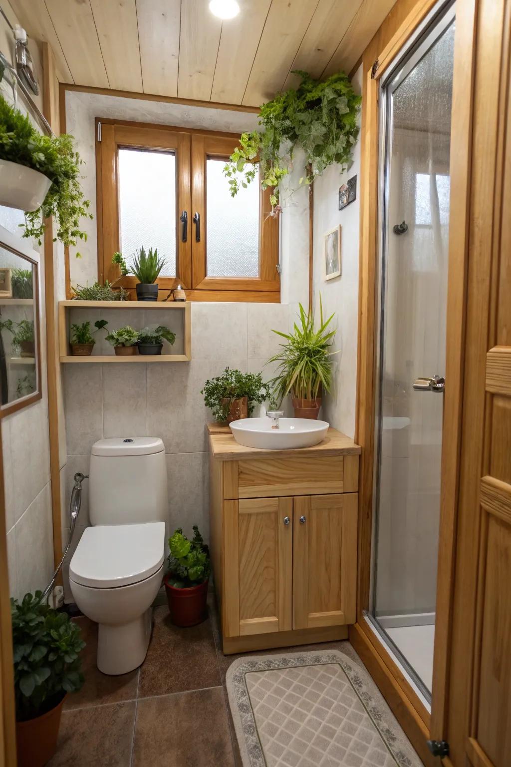 Organic components like greenery can infuse warmth into your bathroom.