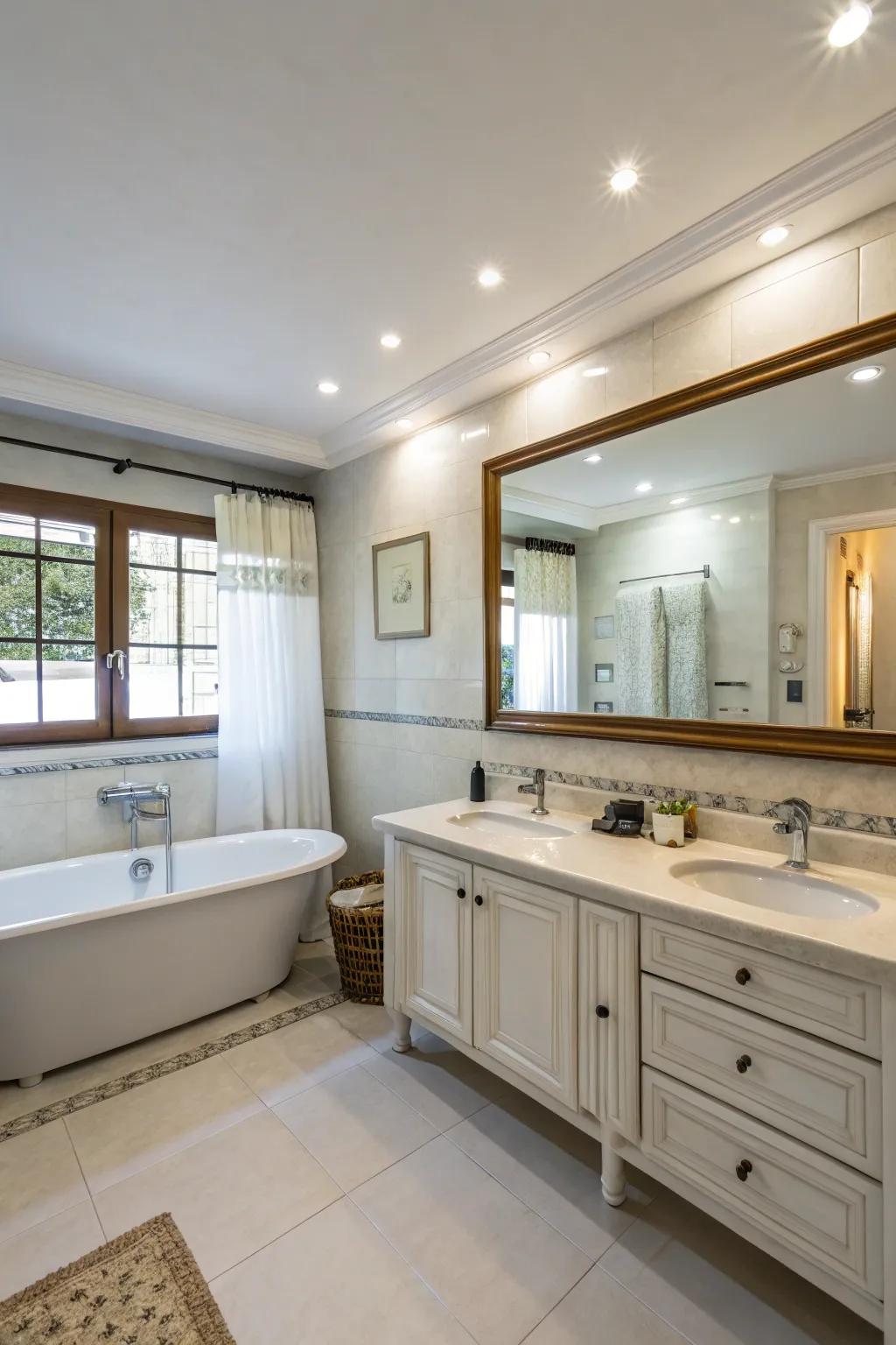 Large reflections amplify light and space in a small bathroom.