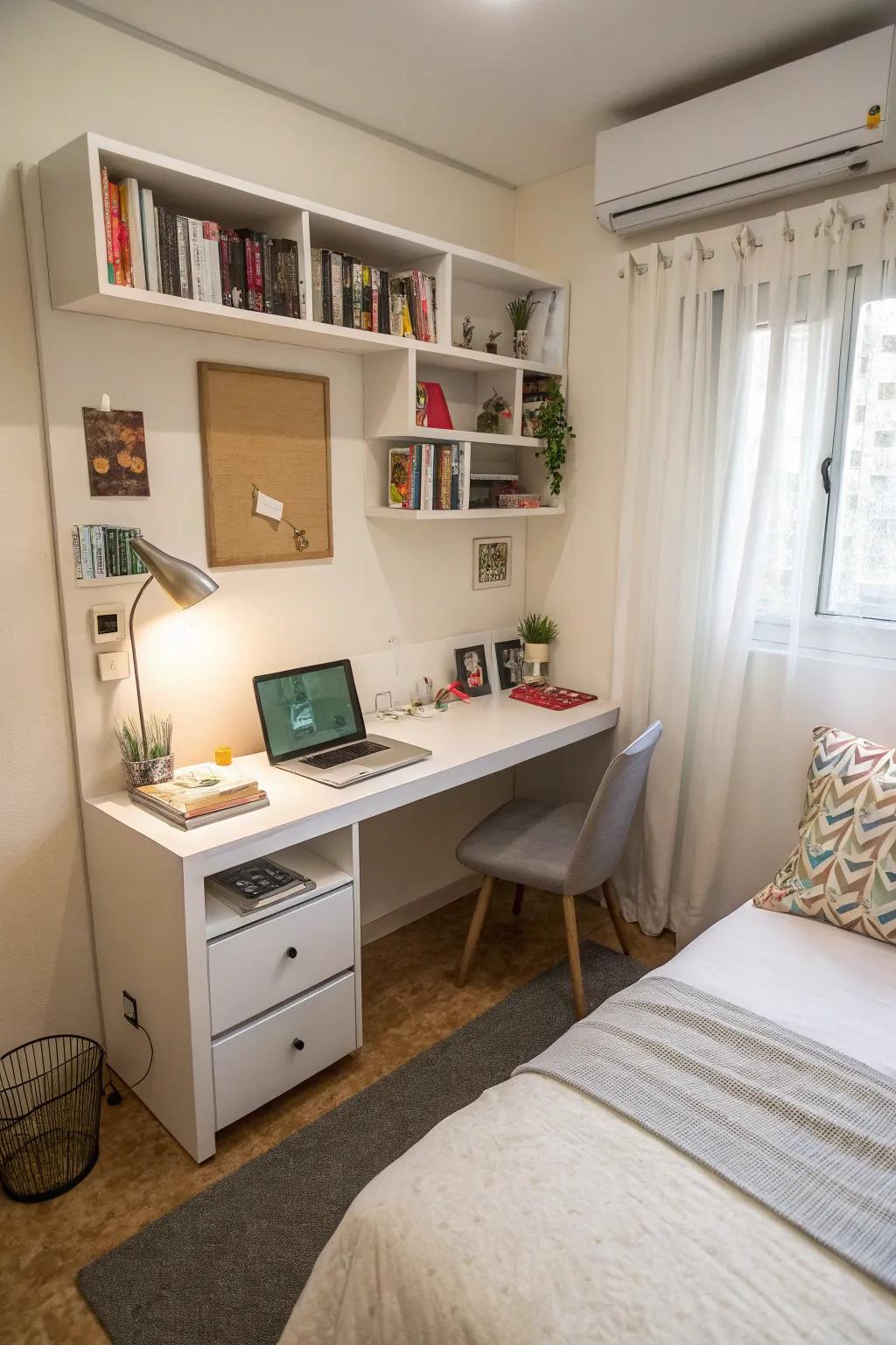 Wall-mounted desks conserve valuable floor space.