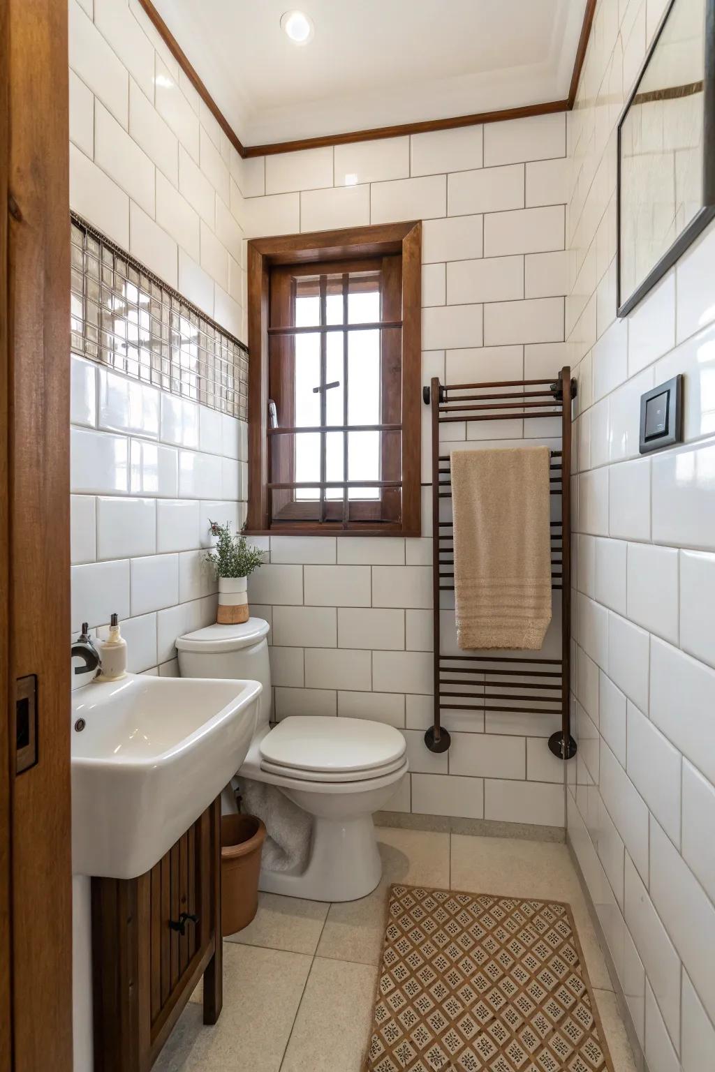 White tiles provide contrast to brown shades.