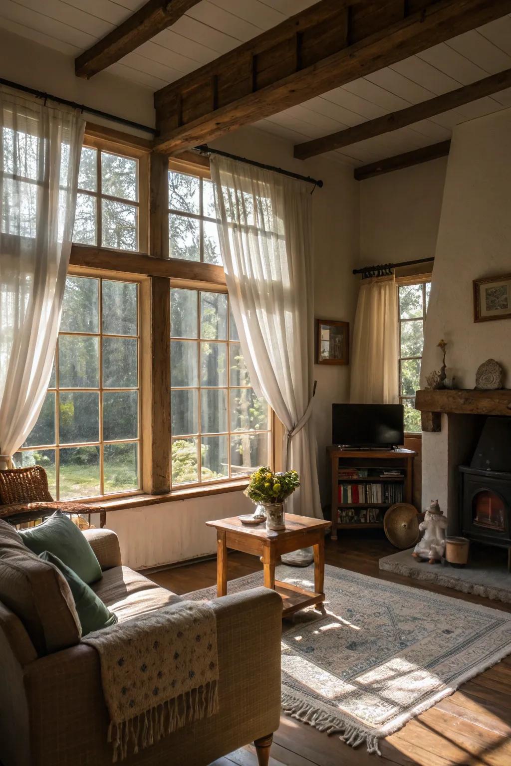 Natural light floods this cottage living room, enhancing its space.