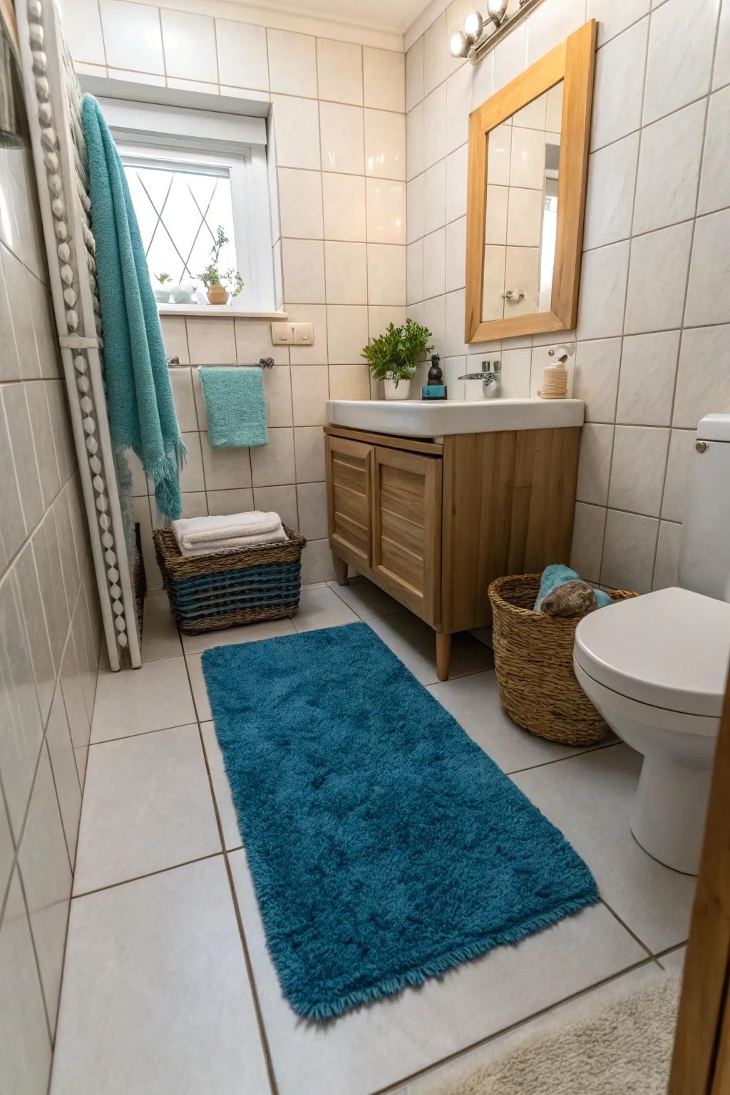 A plush blue rug infuses warmth and color into the bathroom floor.