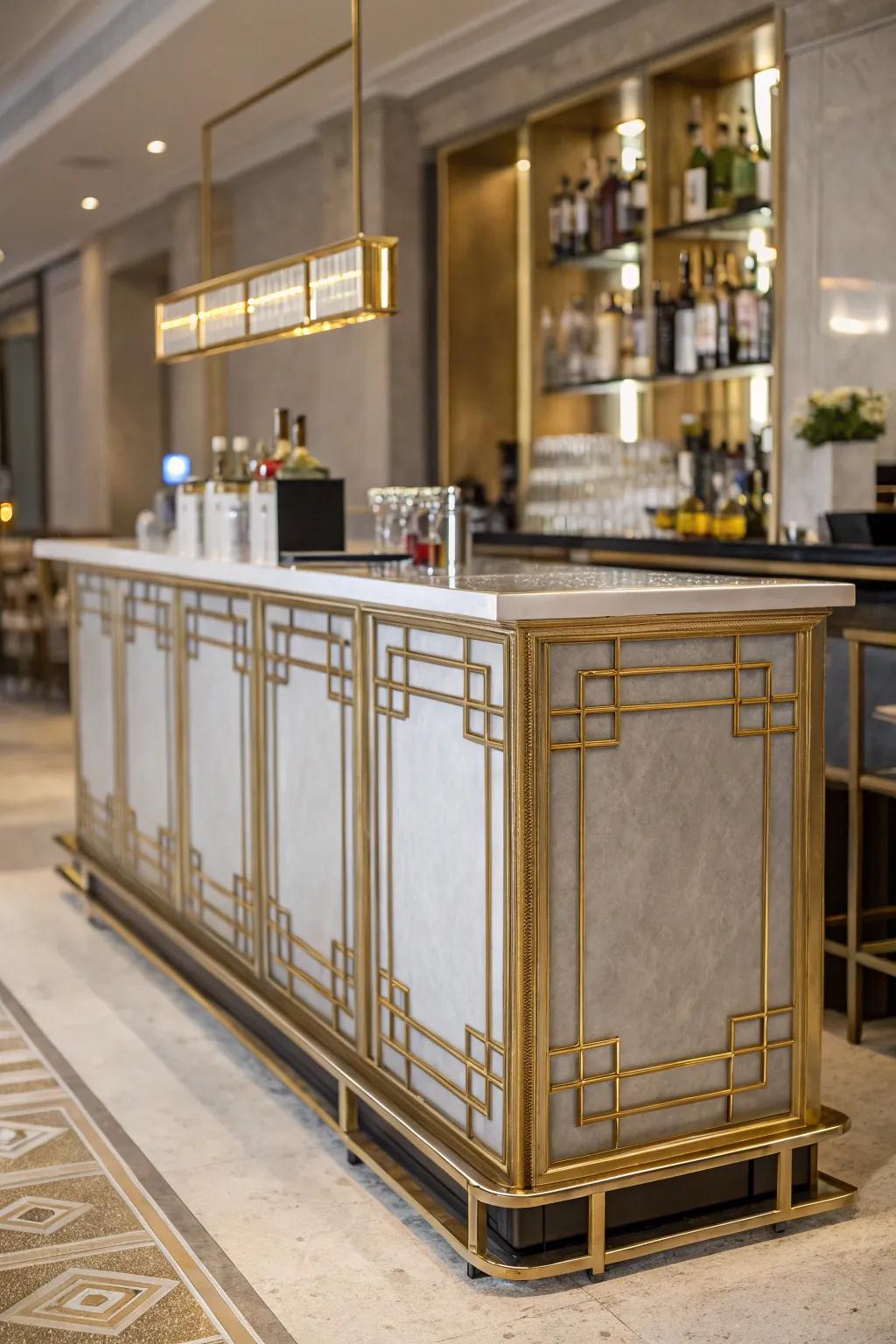 Metallic accents bring glamour to a dry bar.