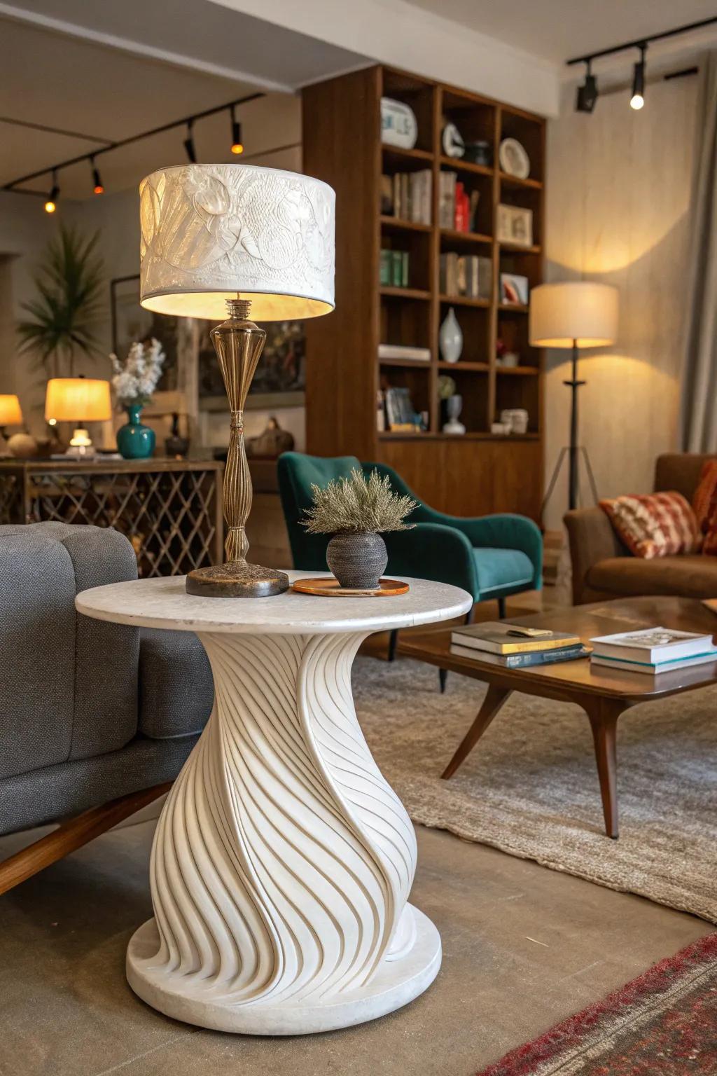 Organically shaped end table injects an artistic flair into any living space.