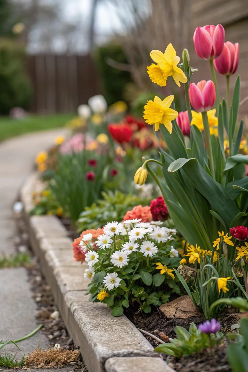 A compact flower garden designed to offer visual interest throughout various seasons.