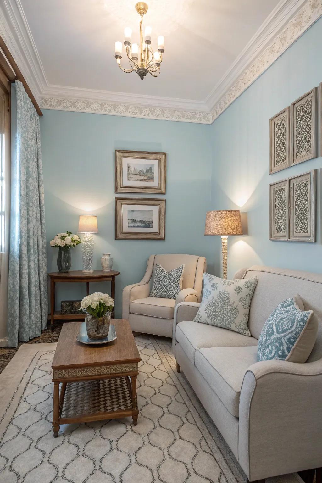 A compact living area showcasing soft blue walls to inspire calmness.