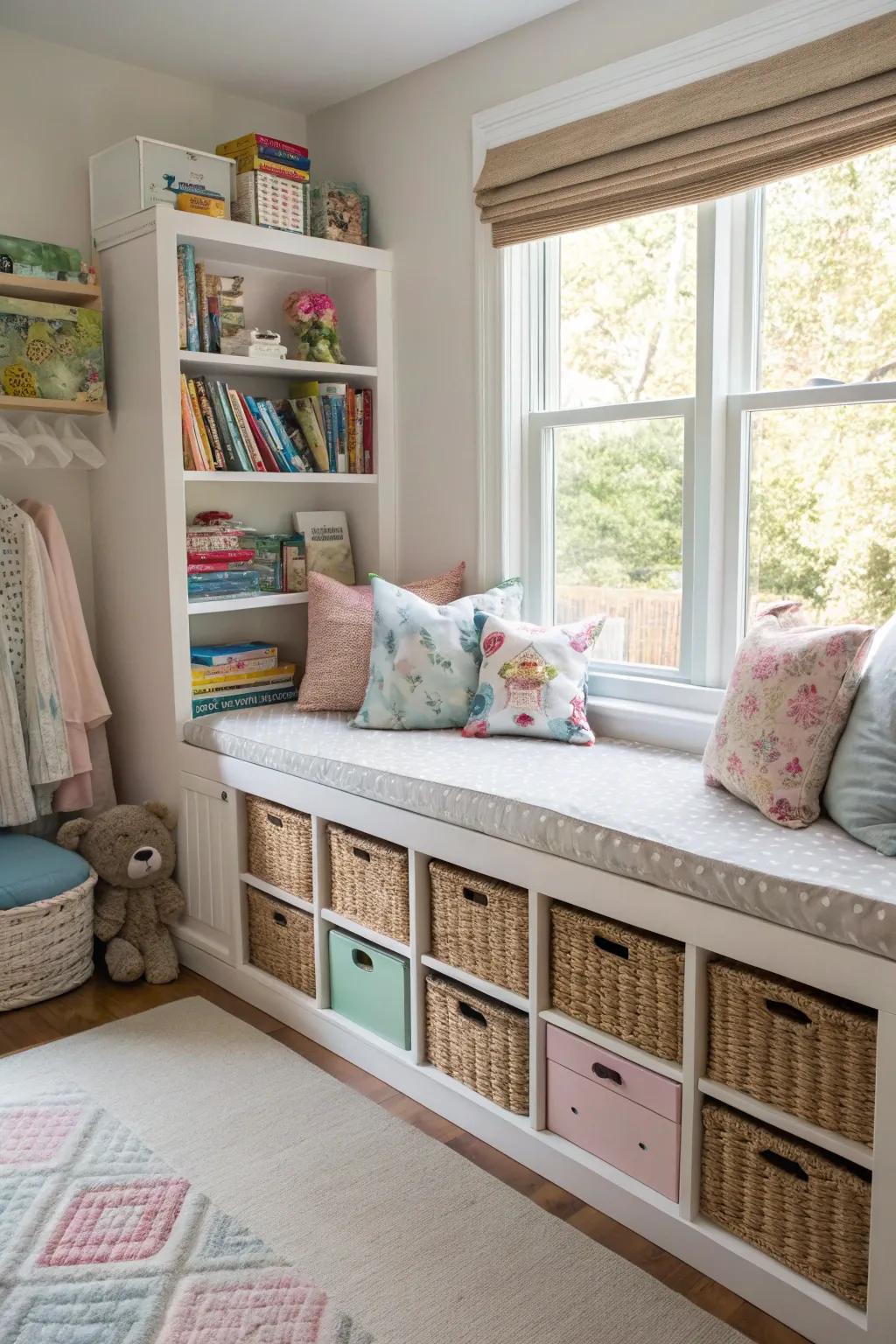 A window seat offers a cozy reading nook and additional storage.
