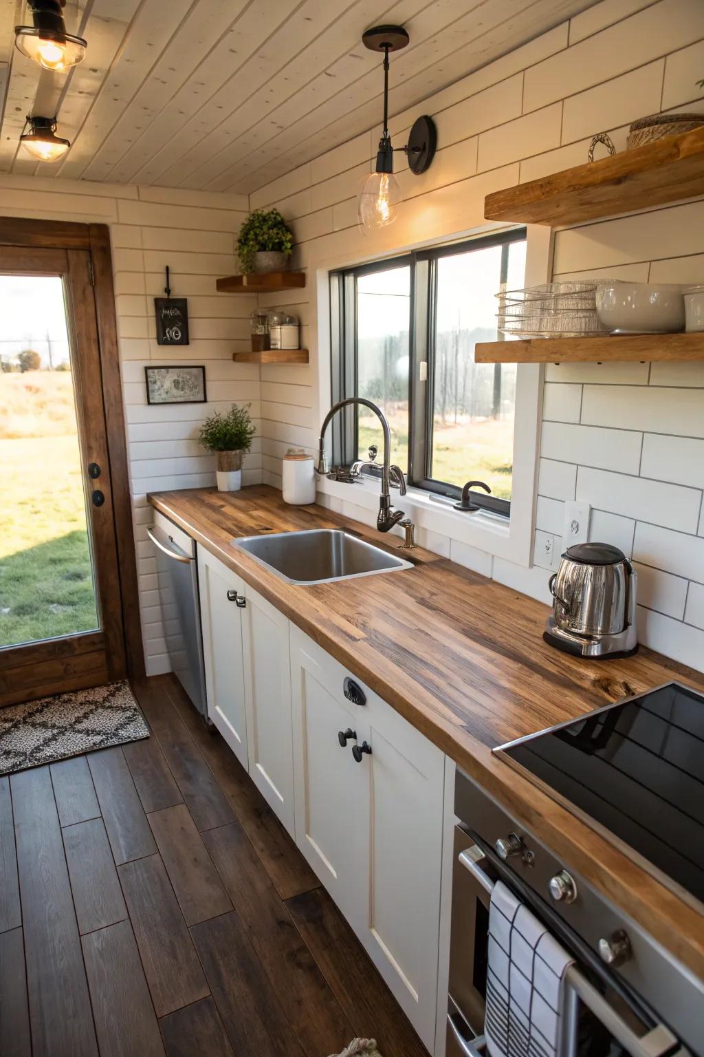 Combining materials adds visual appeal to small kitchens.