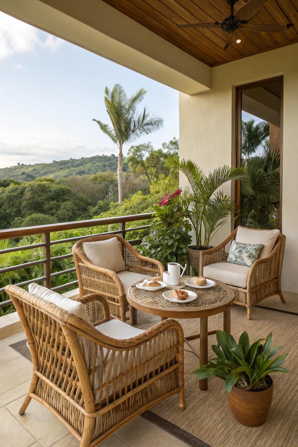 Embrace natural materials for a warm, inviting lanai atmosphere.