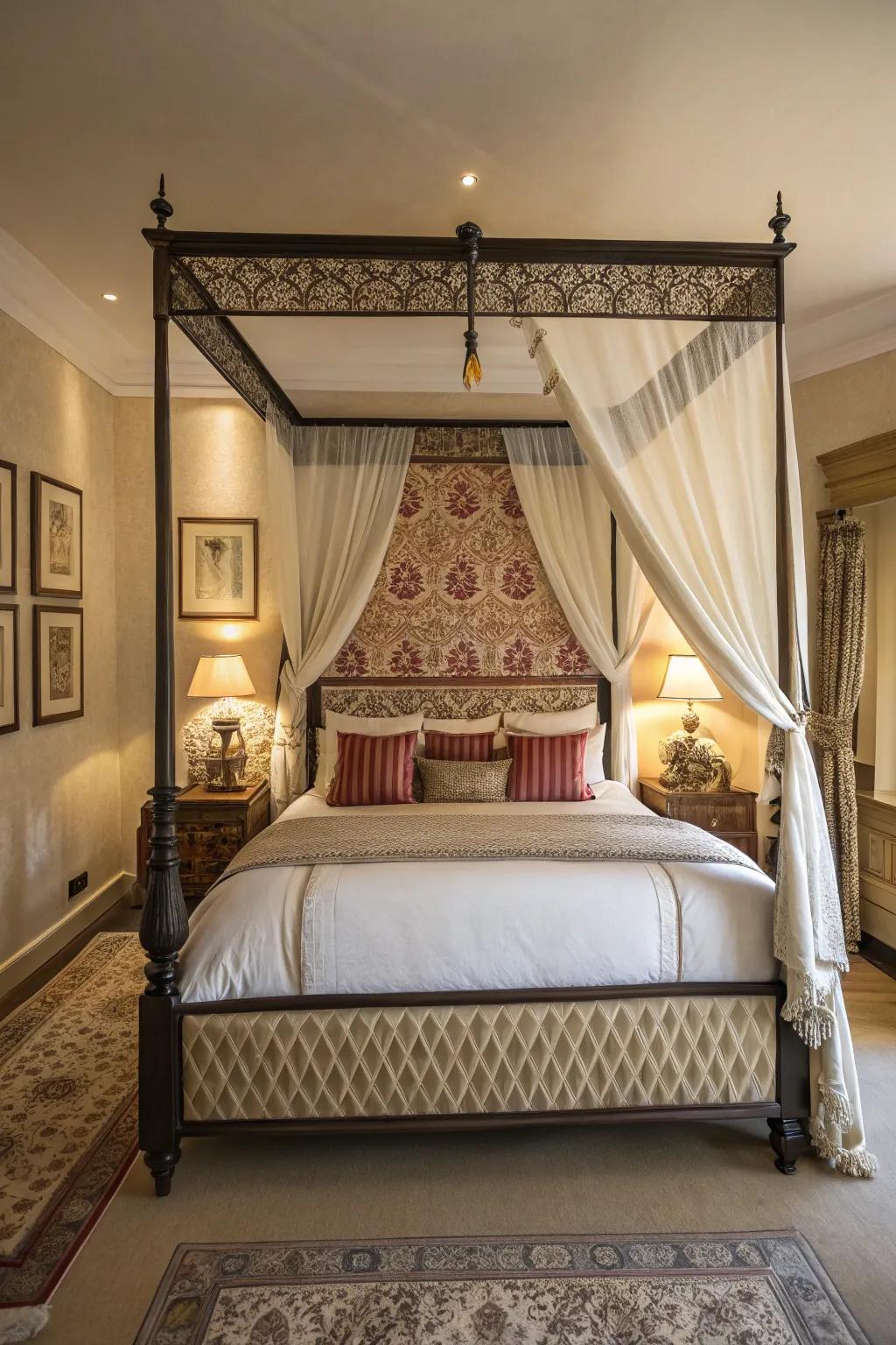 A canopy or striking headboard can be a captivating focal element.