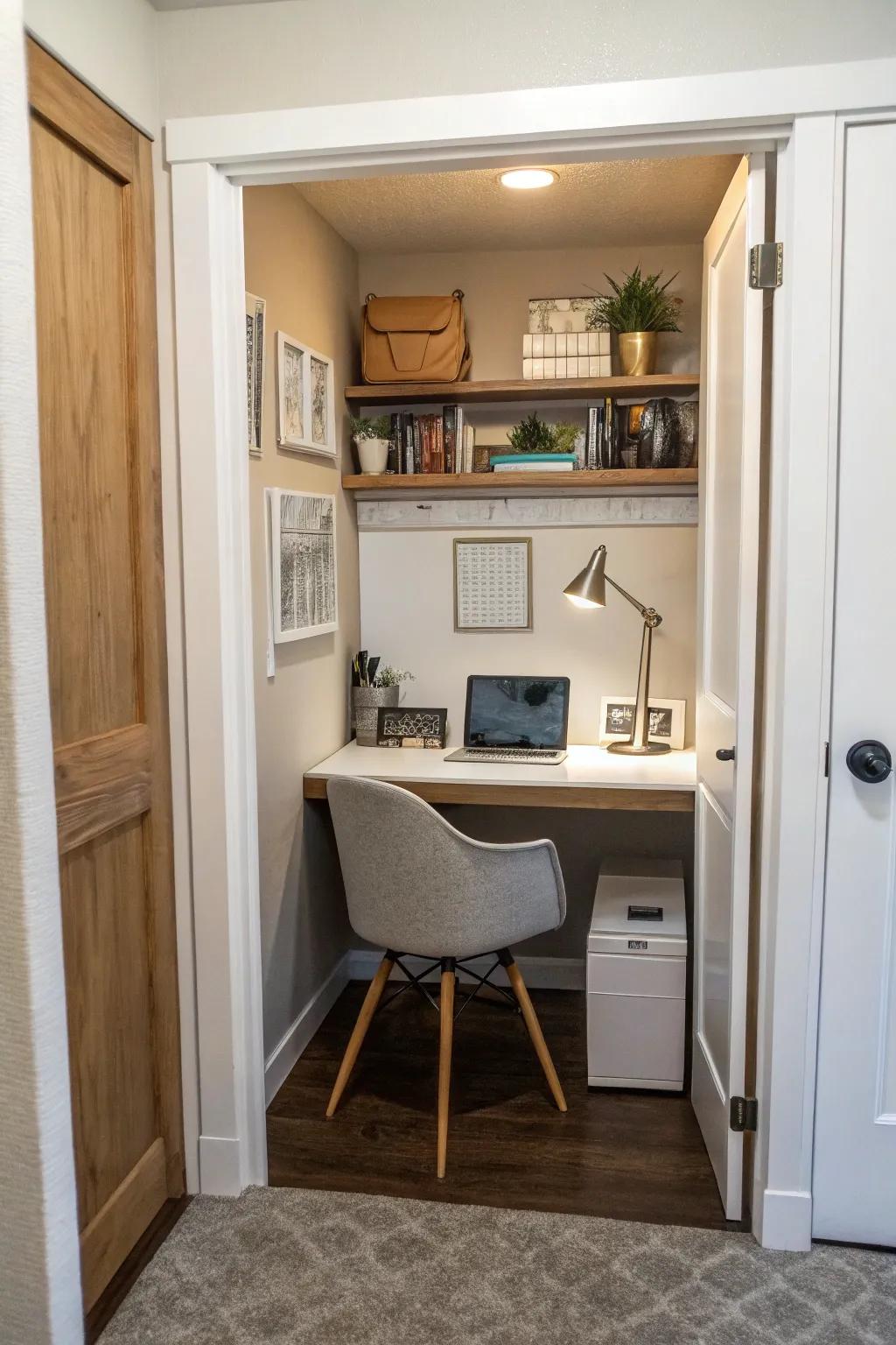 A storage space that has been cleverly turned into a functional office.