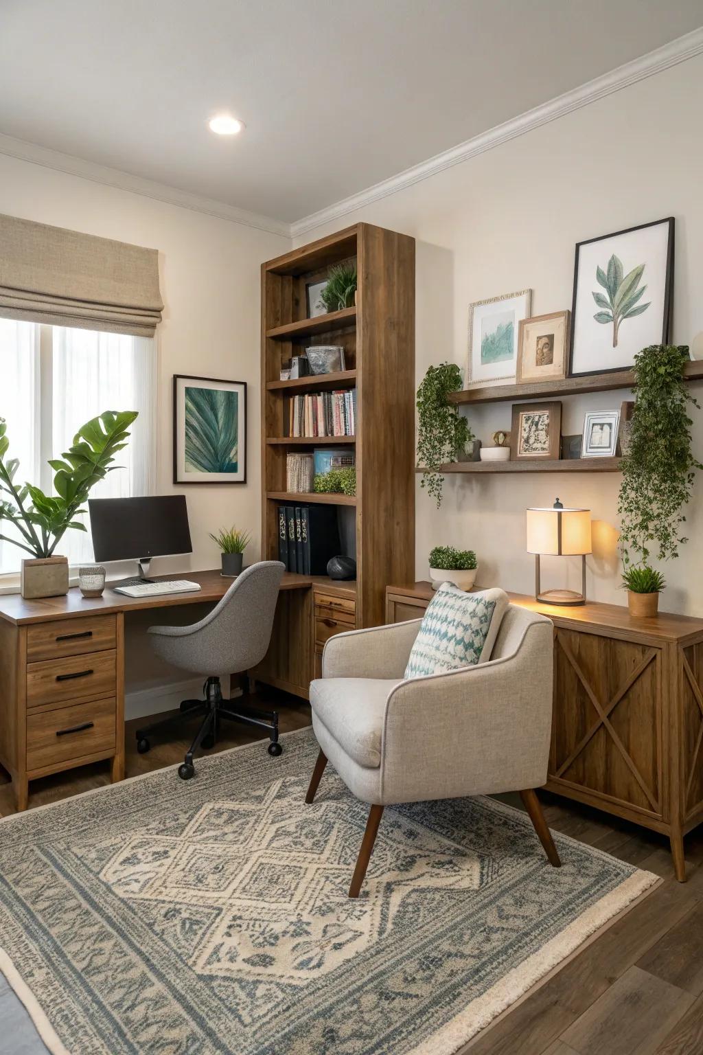 Achieve a unified style by integrating your office into the living room's design.