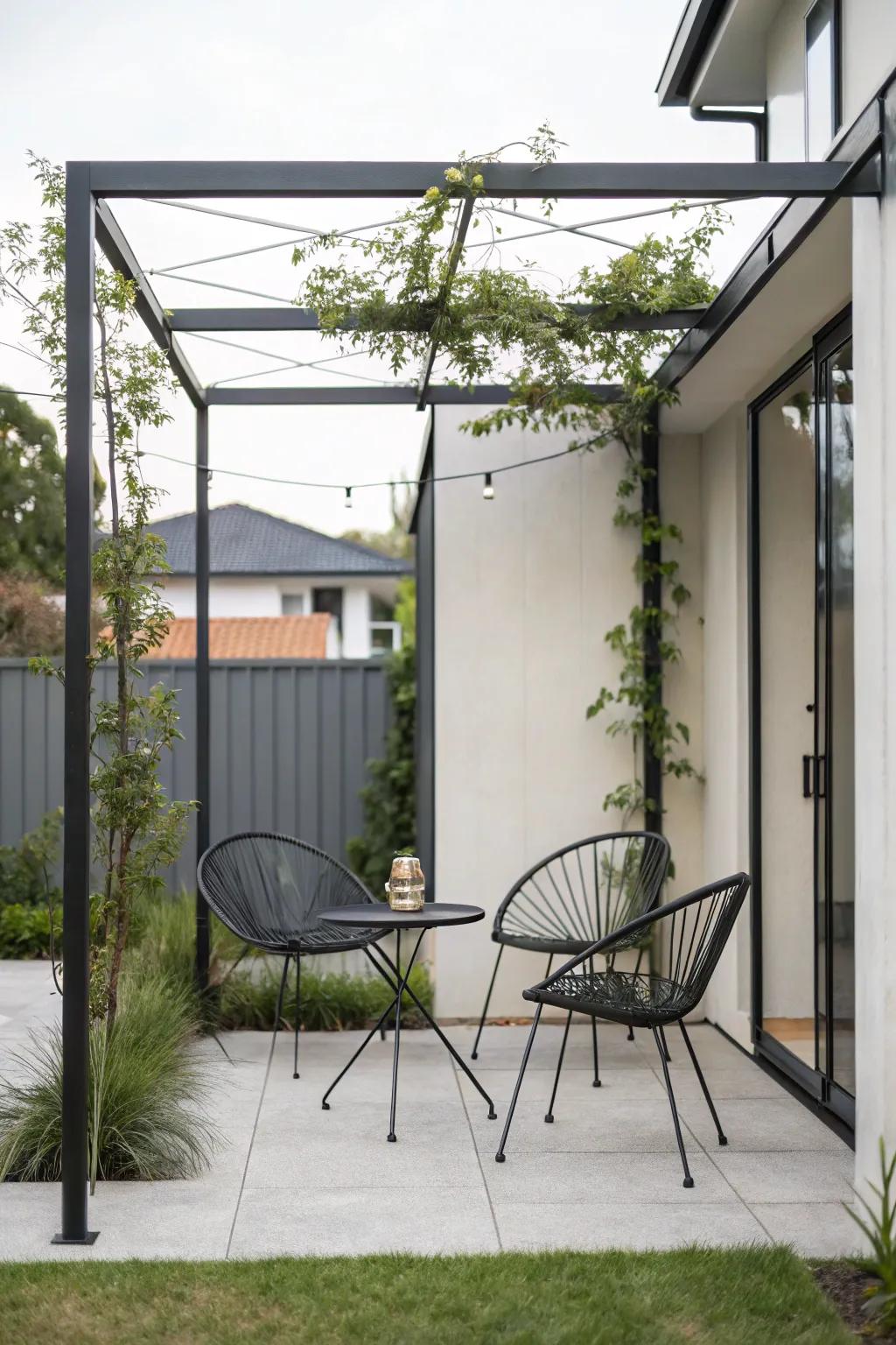 A stripped-down metal framework adds contemporary refinement to a small patio.