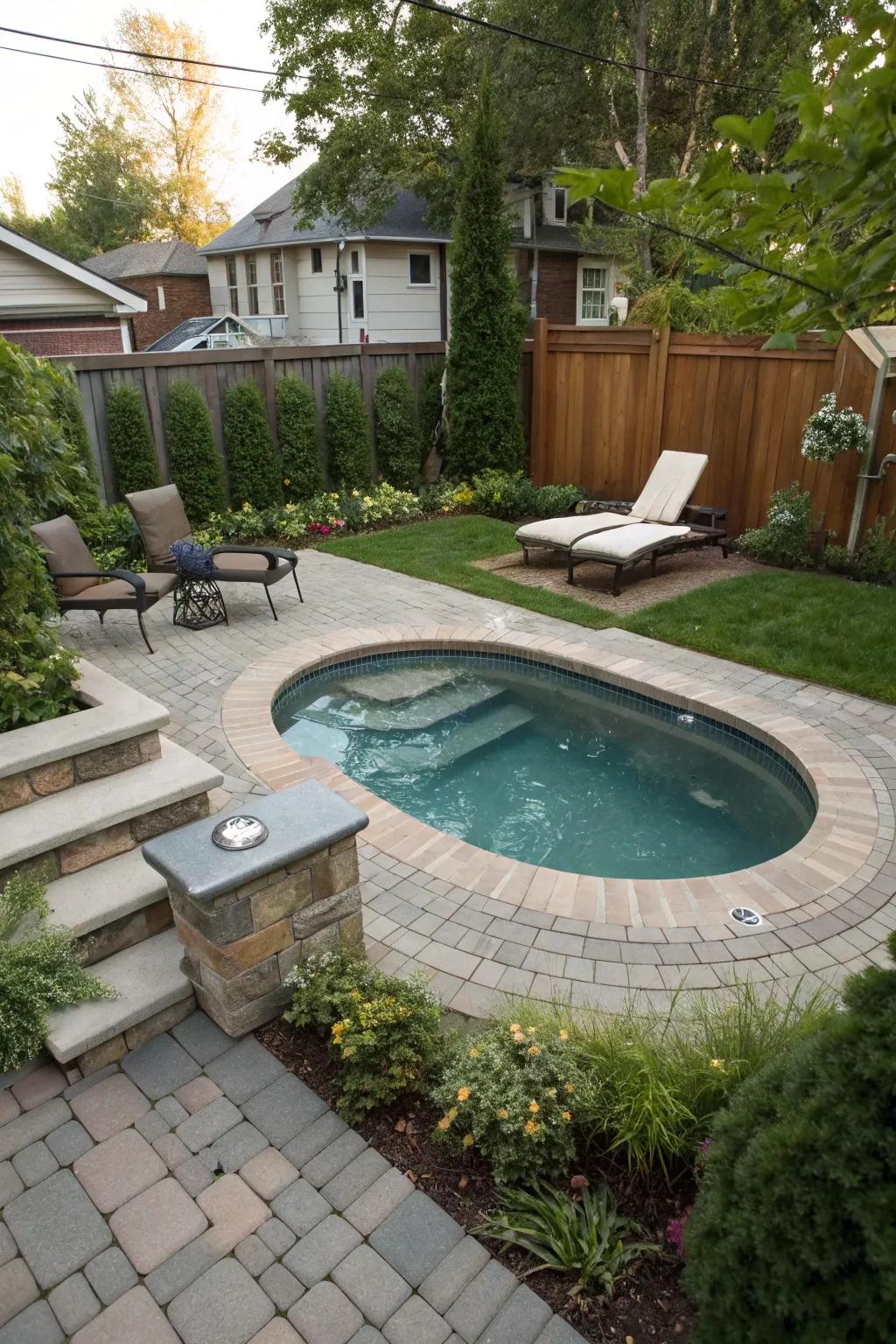 A multi-functional pool zone equipped with an integrated hot tub optimizes practicality and enjoyment.