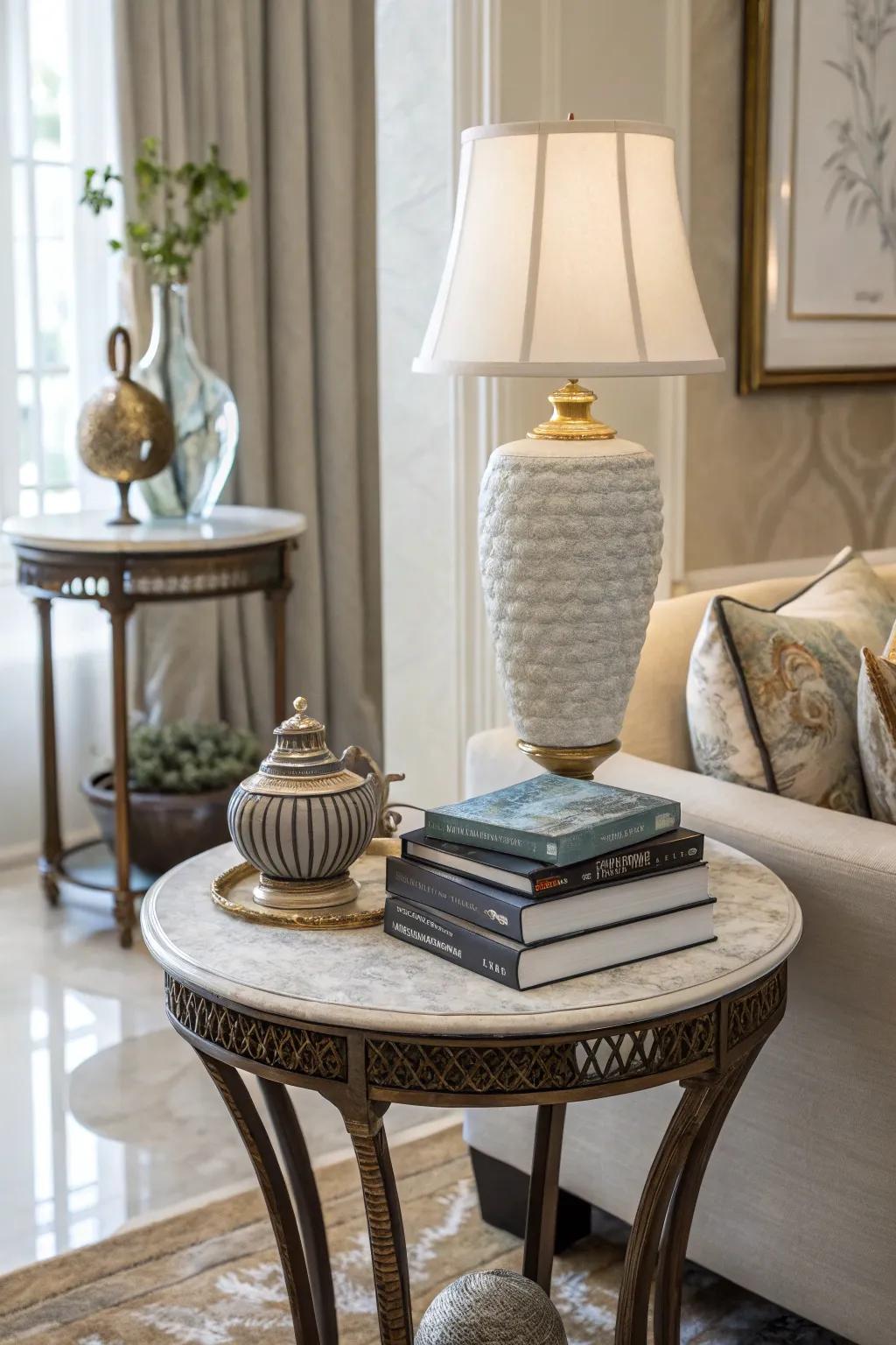 Varying vertical dimensions bring visual intrigue to a side table.