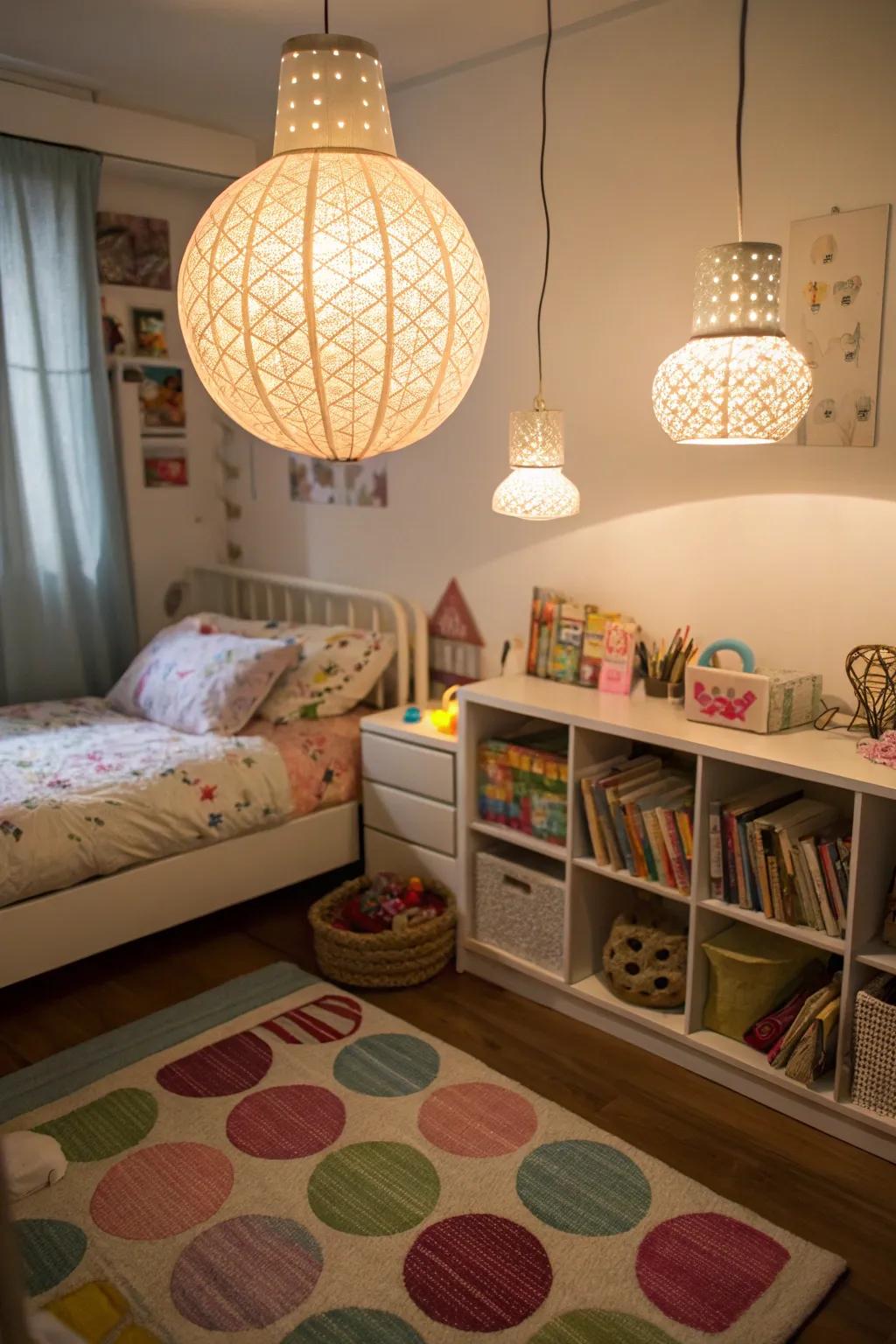 Suspended lamps liberate space and infuse welcoming illumination.