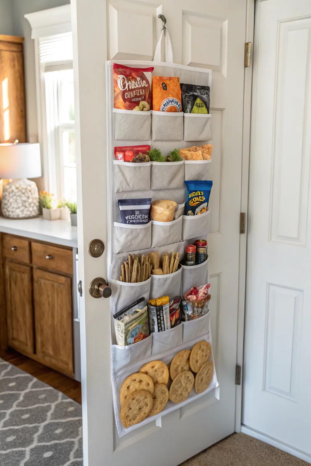 Over-the-door organizers offer additional storage without taking up shelf space.