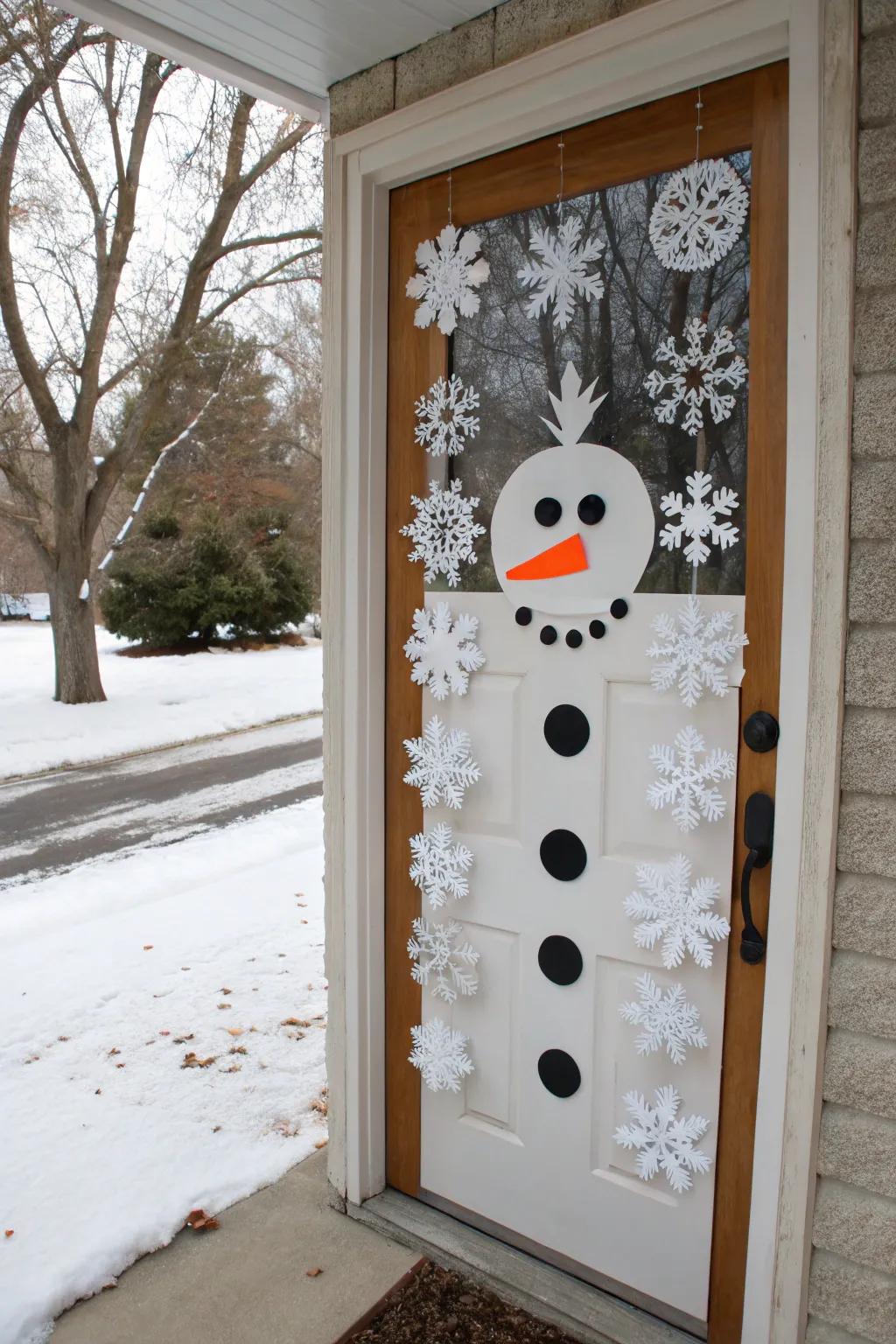 Hanging flakes impart fantasy and sophistication to your snowman door.