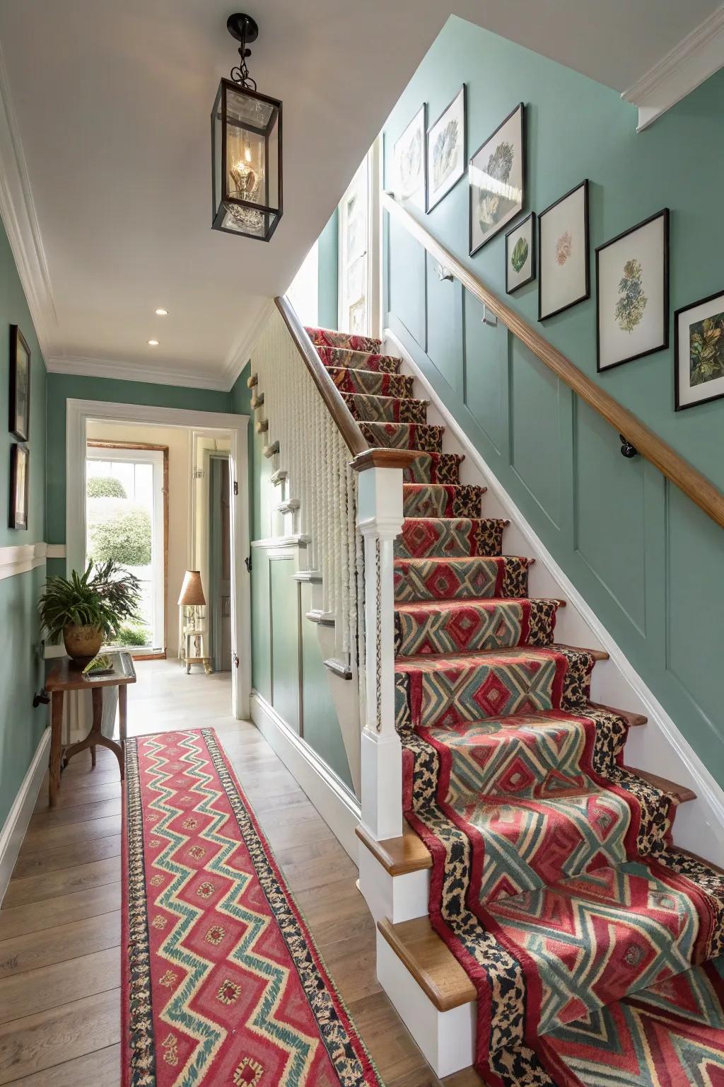 A striking carpet runner injects color and vitality to your steps.