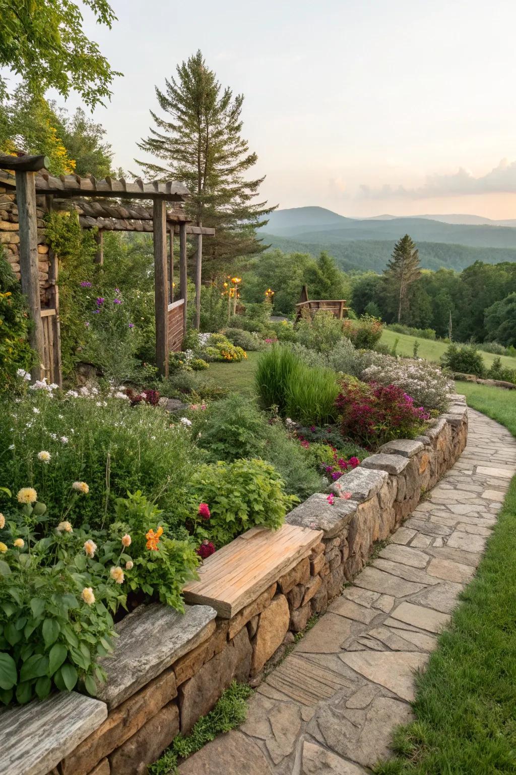 Earthy elements such as stone and wood add warmth to garden borders.