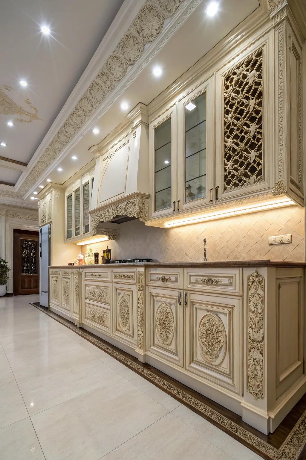 Decorative touches enrich the design of kitchens with elevated ceilings.