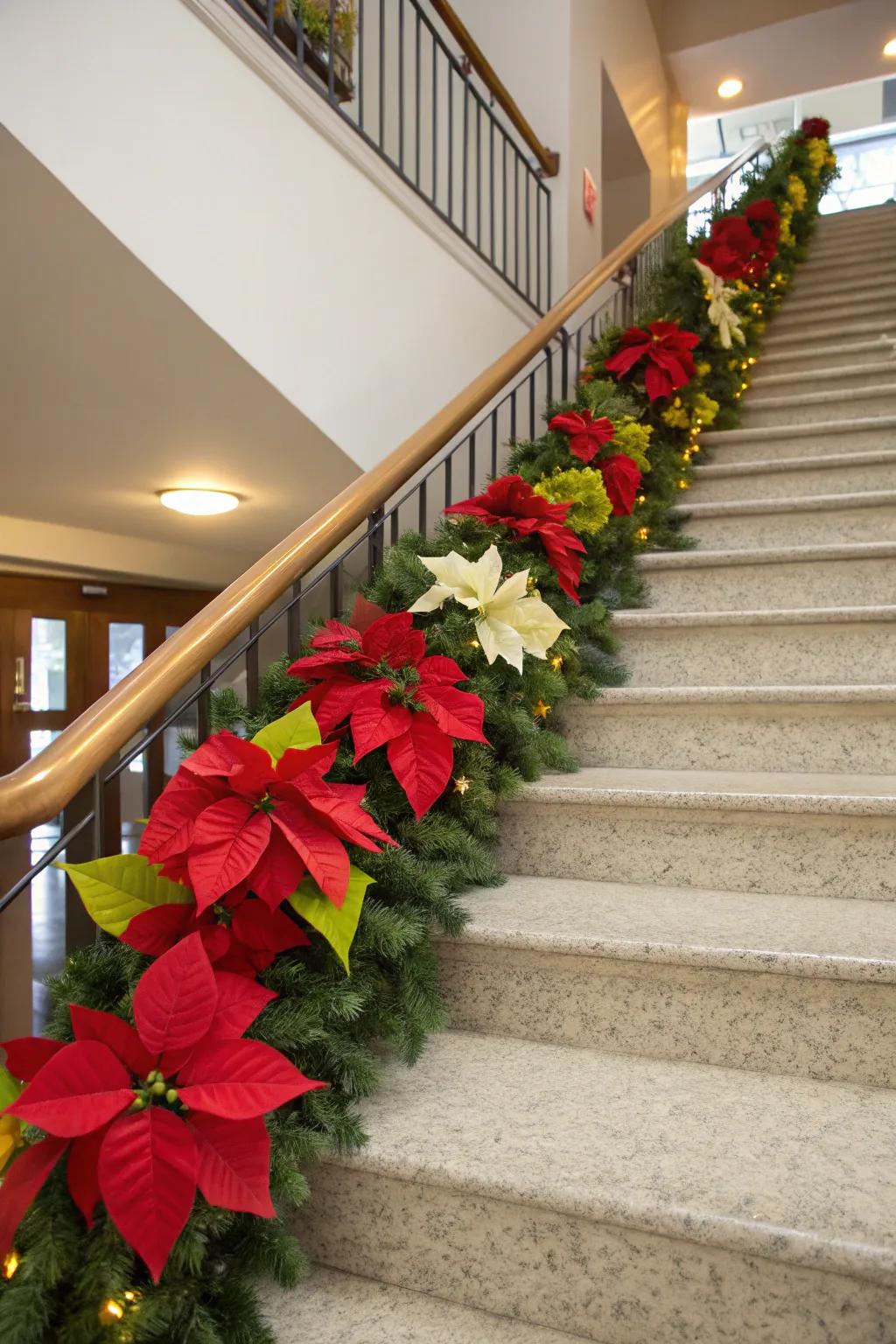 Vibrant starry blooms bring festive happiness to the staircase.