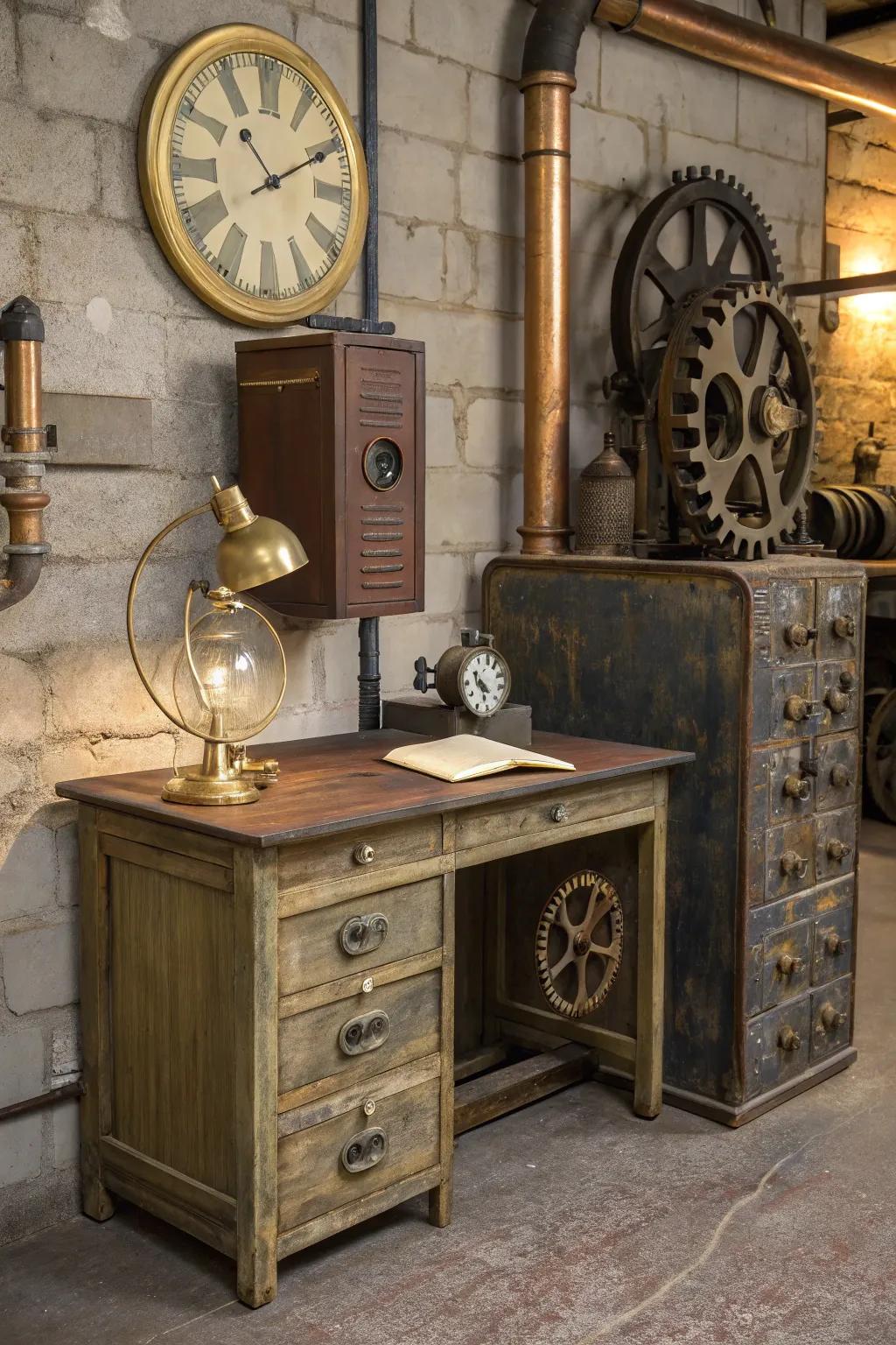 Weathered finishes lend this steampunk interior a rich, historical texture.