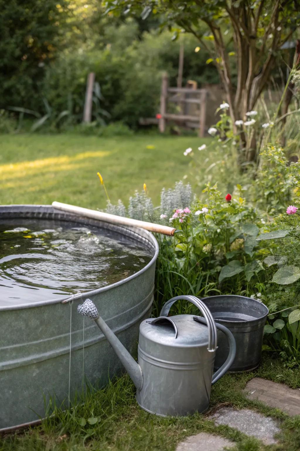 Eco-friendly watering converting a water trough pool to hydrate a garden.
