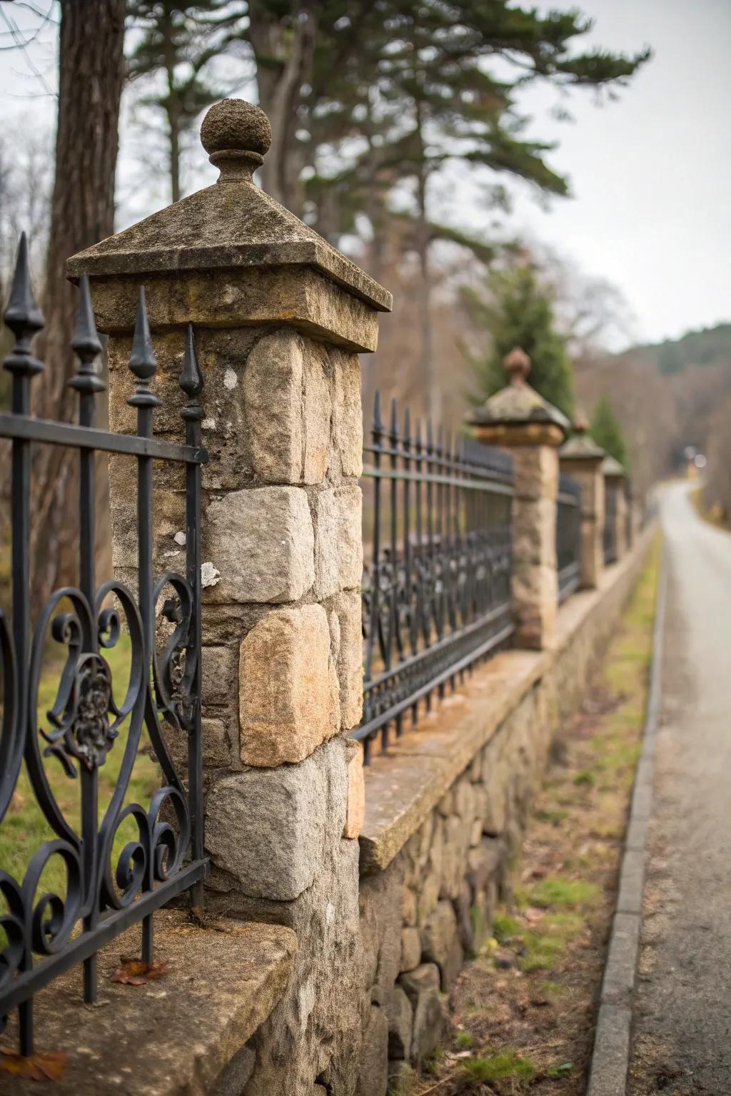 A fence design combining traditional stone and contemporary iron.