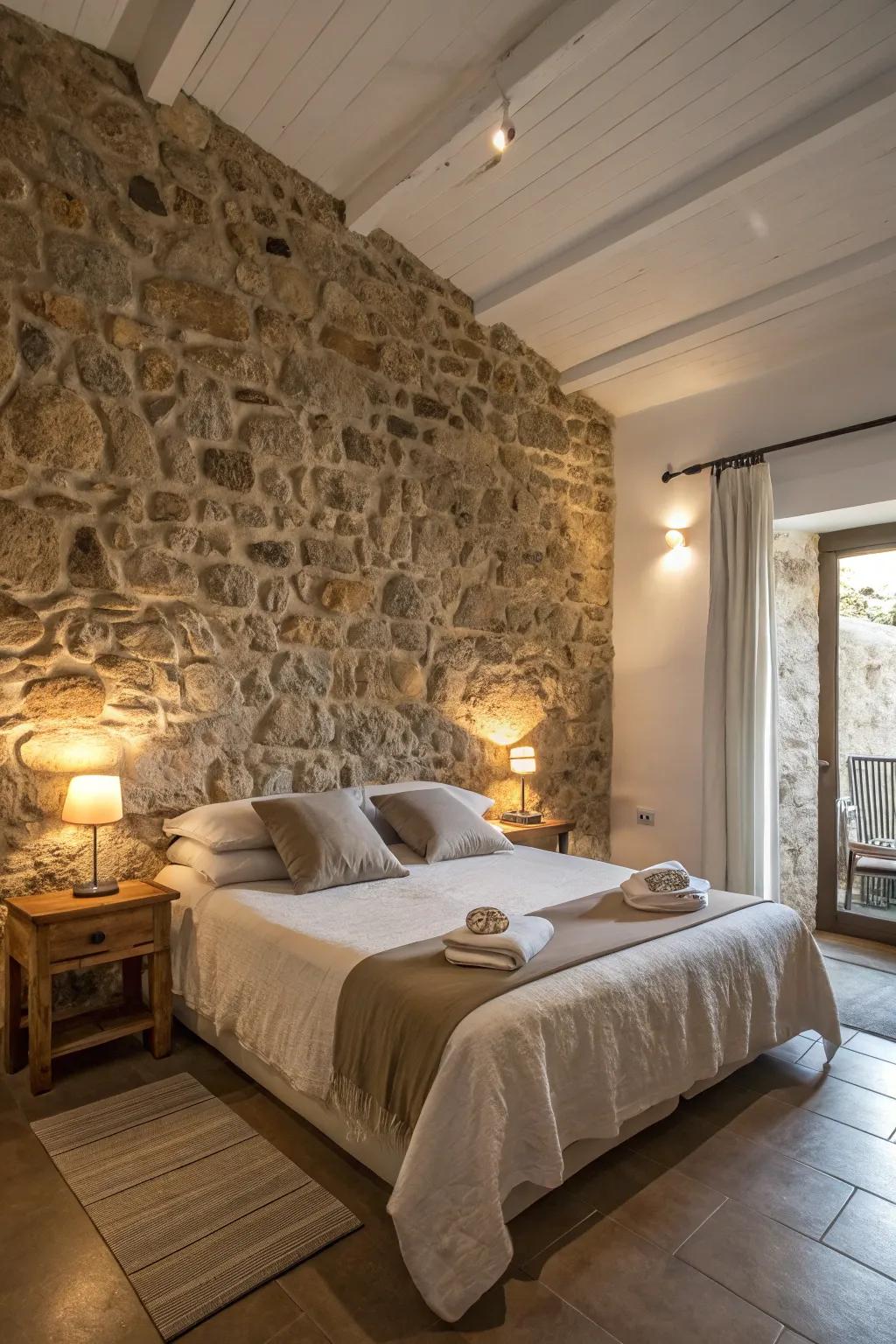 A slumber space that invites relaxation with a stone focal wall.