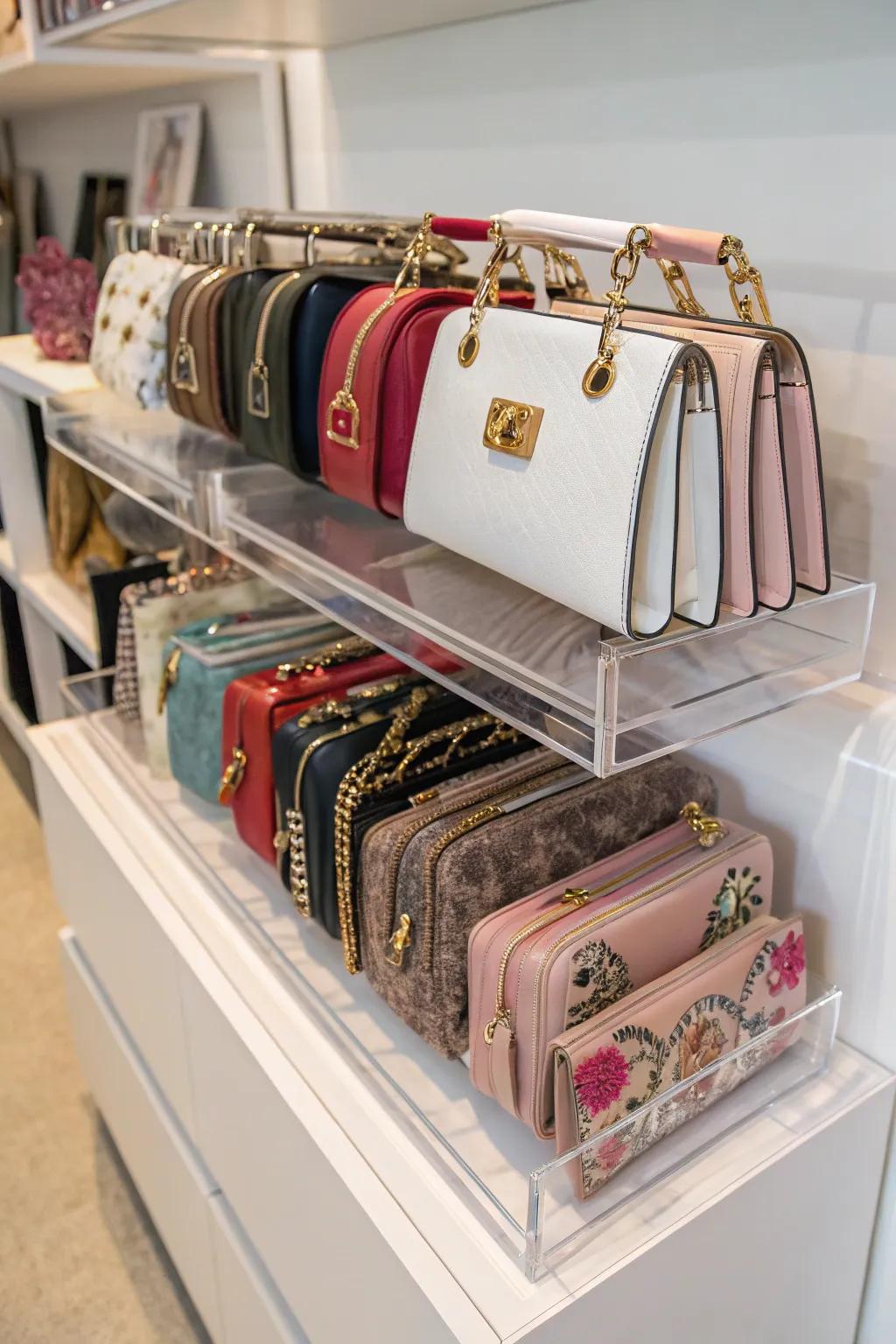 Clear acrylic dividers organizing bags on a shelf.