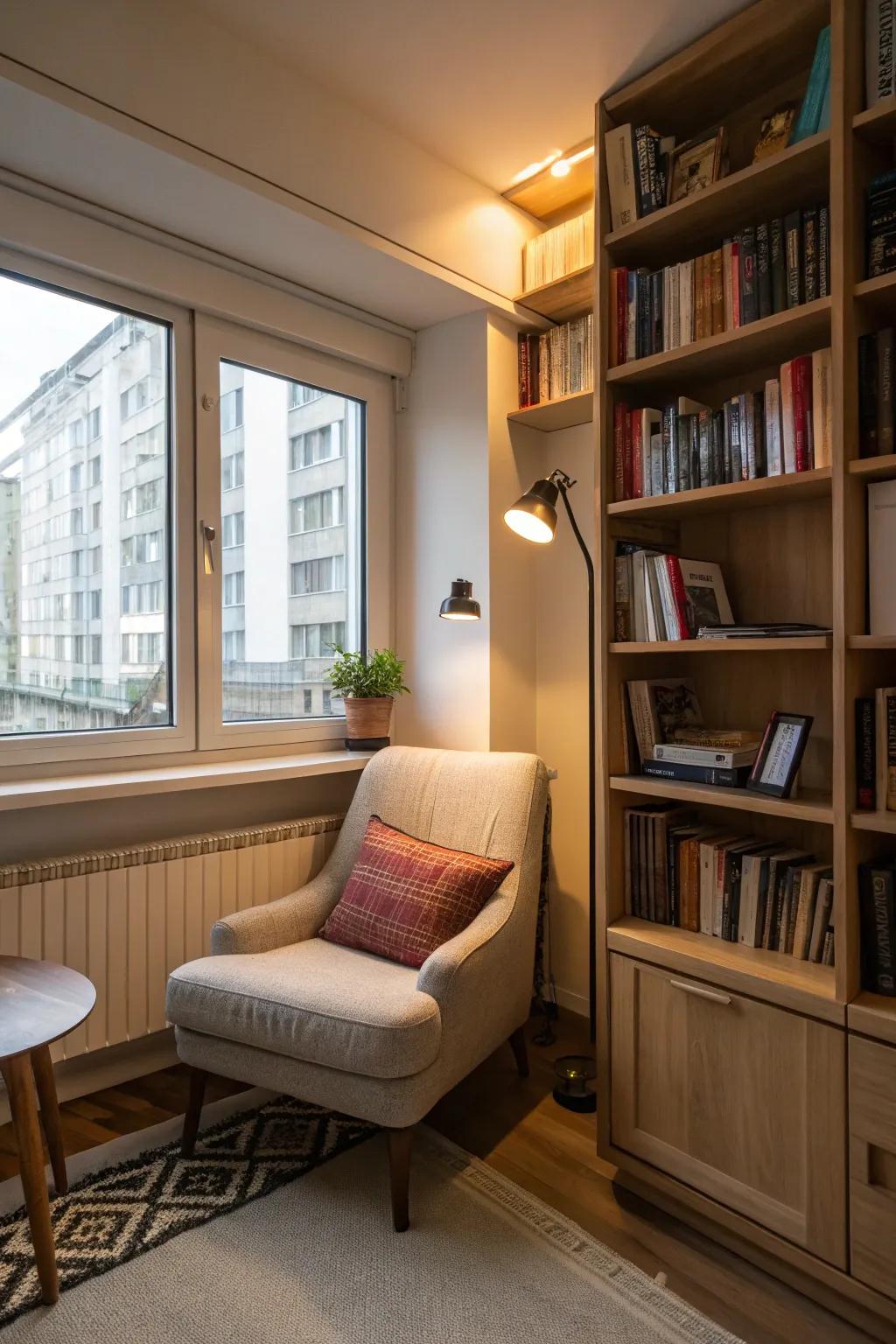A comfy nook elevates usefulness within a studio apartment.