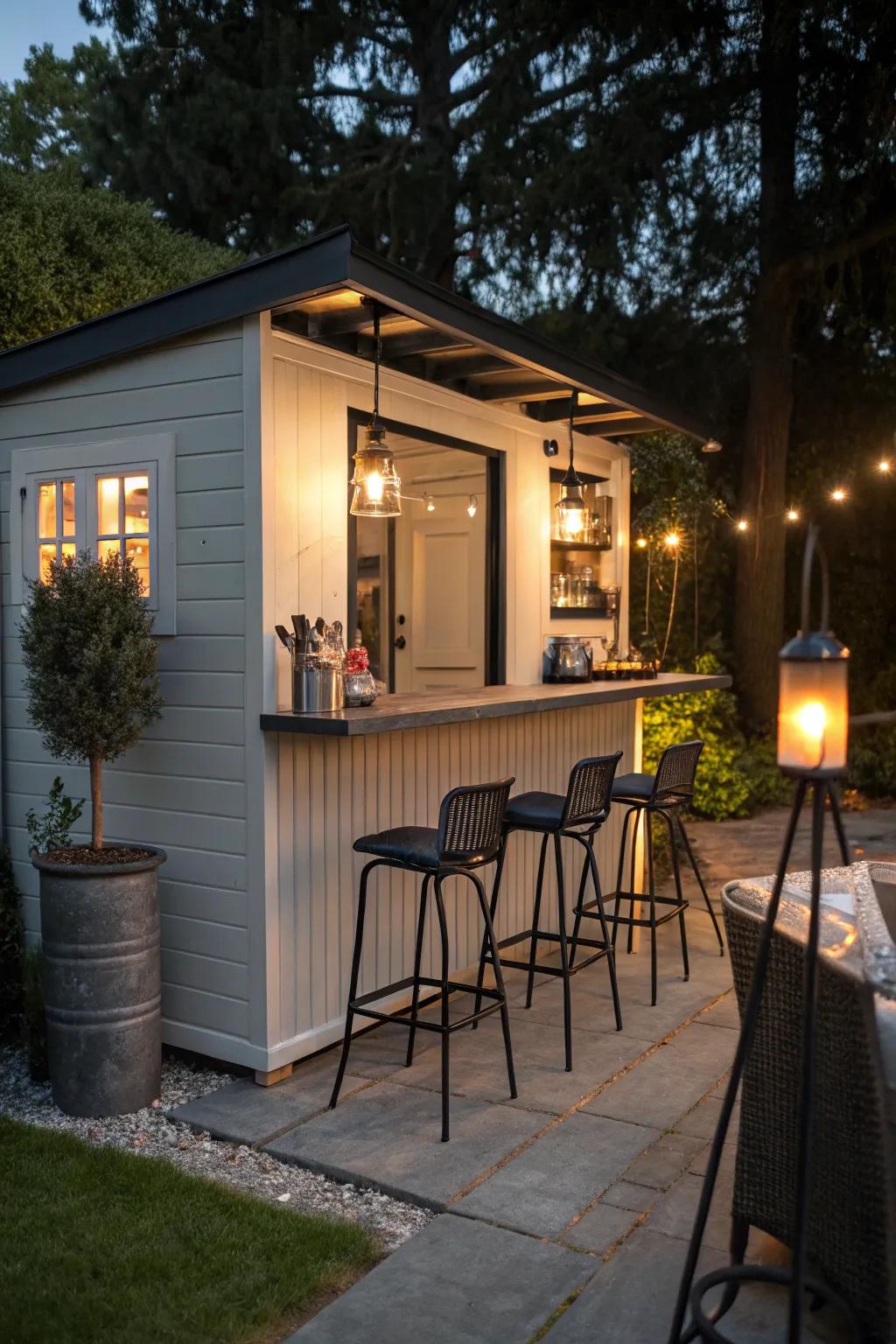 A stylish outdoor bar adjacent to a studio shed.