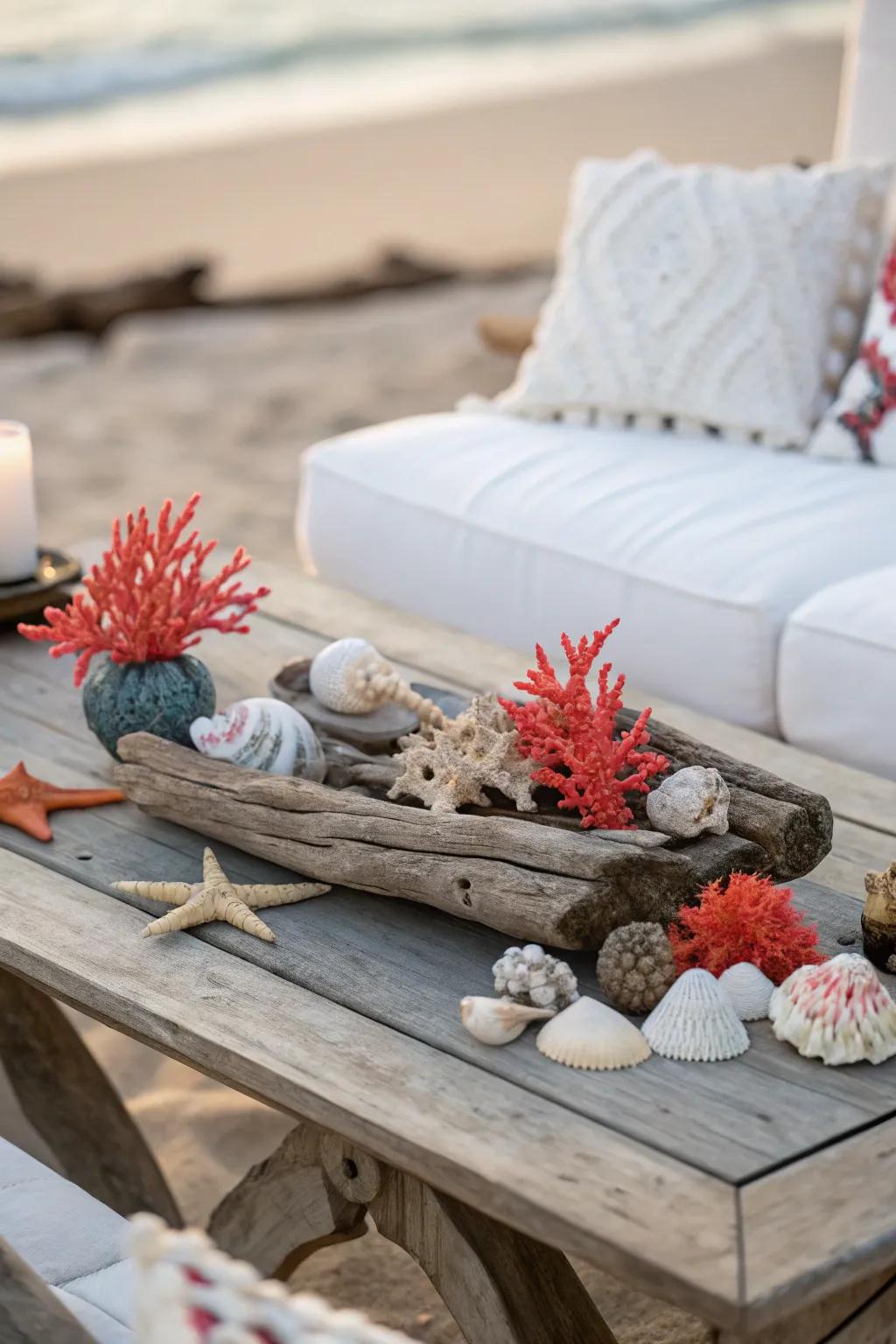 Coastal decor using driftwood and coral infuses a coastal allure indoors.