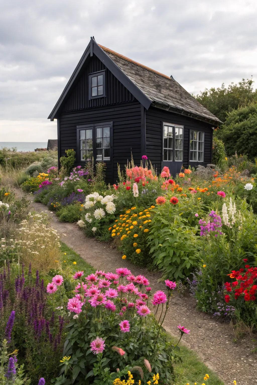 A dramatic obsidian summer house, creating a striking contrast in the garden.