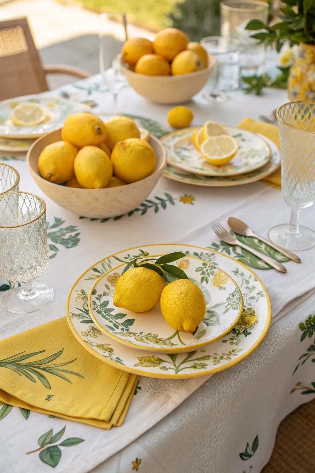 A table decorated with citrus-themed ornaments.