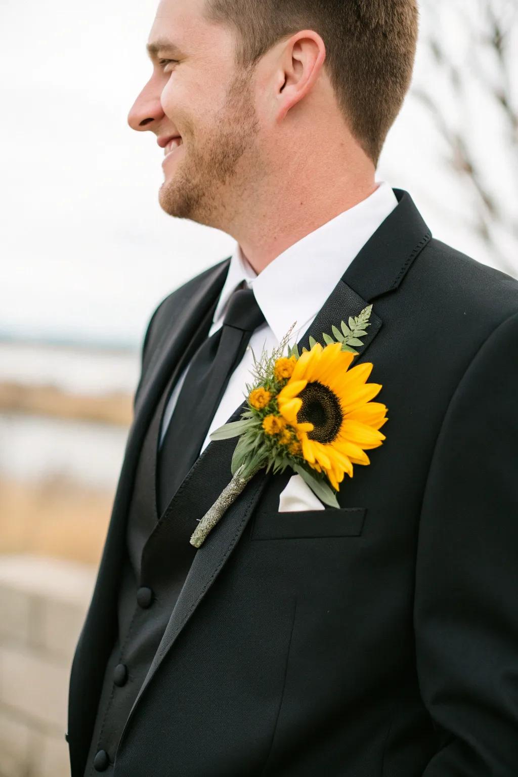 A fashionable adornment showcasing a sunshine bloom for the groom.