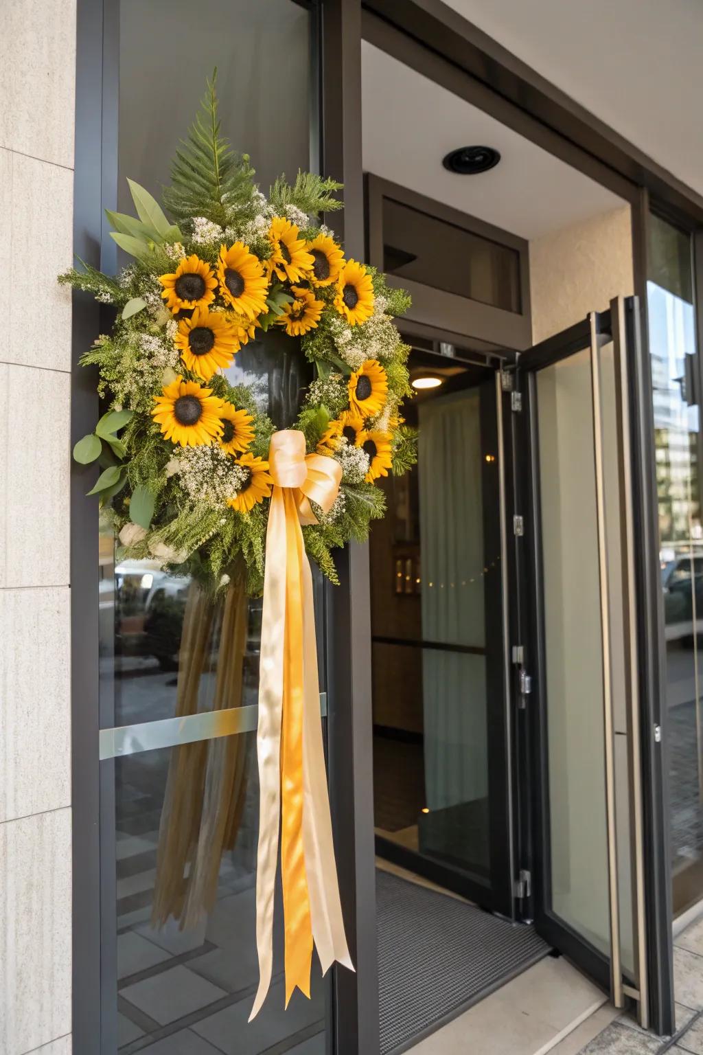 Stylish silks lend a sophisticated nuance to sunflower wreaths.
