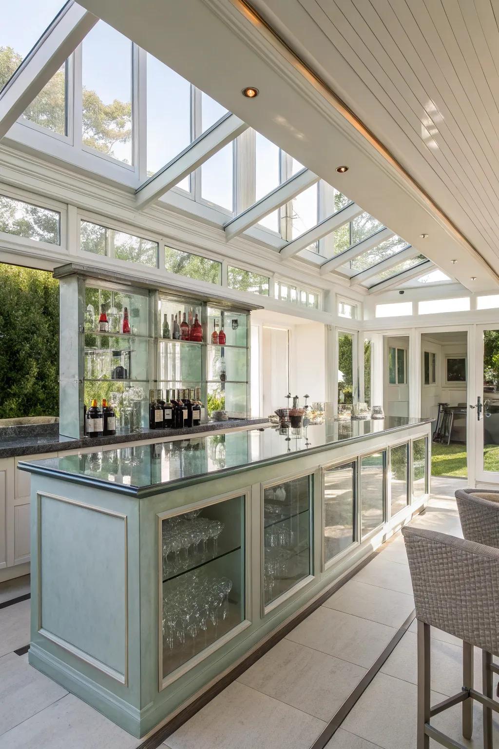 Reflective finishings amplify light and introduce sophistication to your sunroom bar.