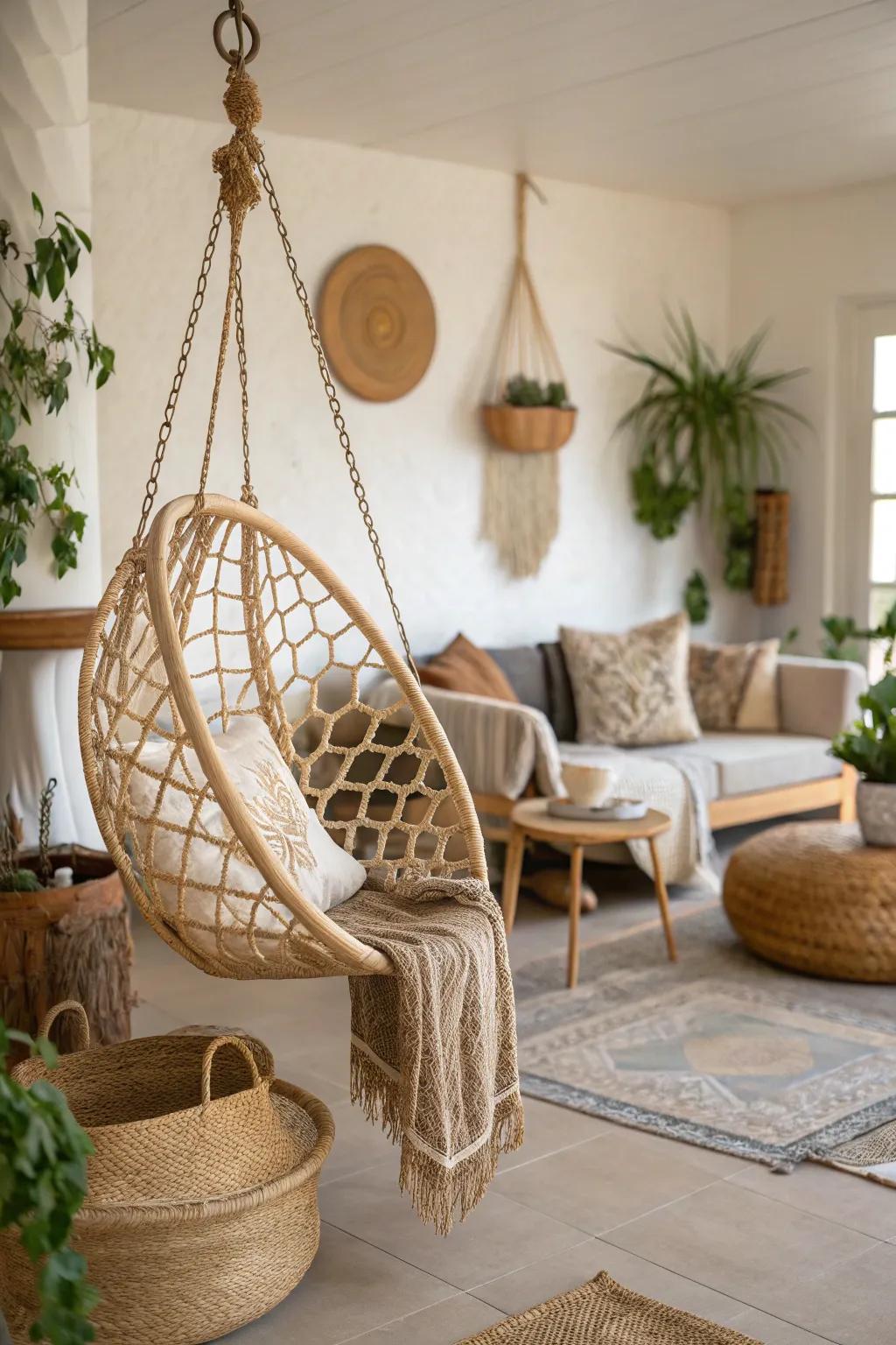A woven swing adds warmth and a touch of nature to any space.