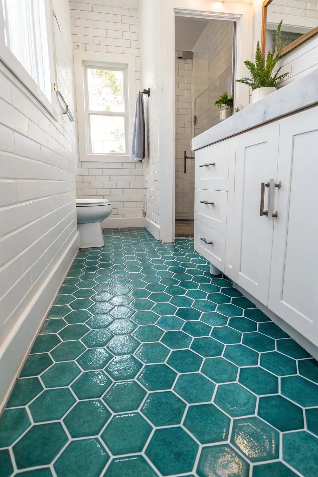 Add geometric interest using teal geometric tiles.