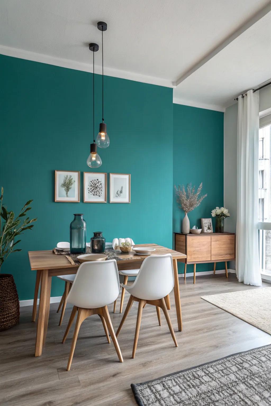 Teal introduces a modern touch to a minimalist dining space