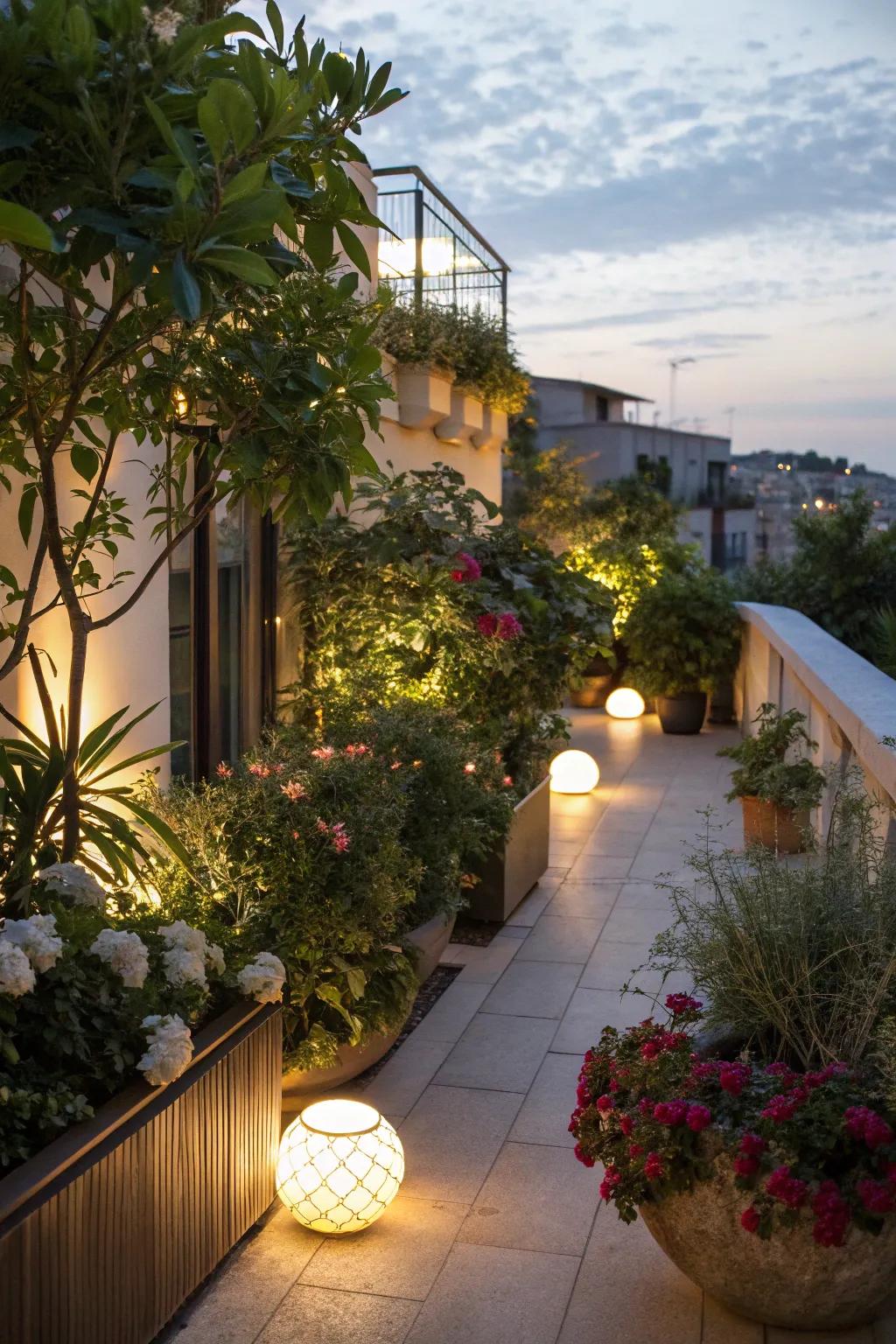 Greenery and lights combined create a peaceful oasis.