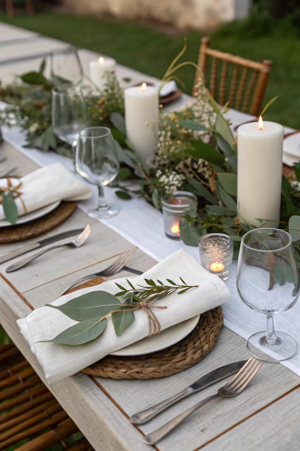 Foliage-draped fabrics provide a refreshing and natural detail to your table.