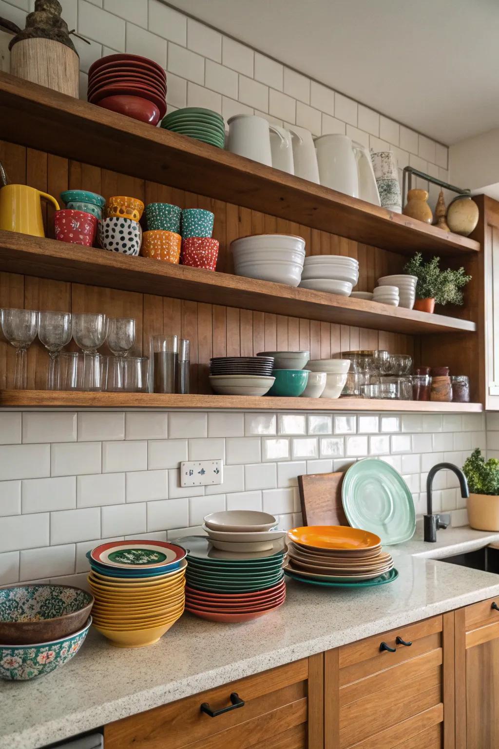 A combination of functionality and style is achieved with open shelving.