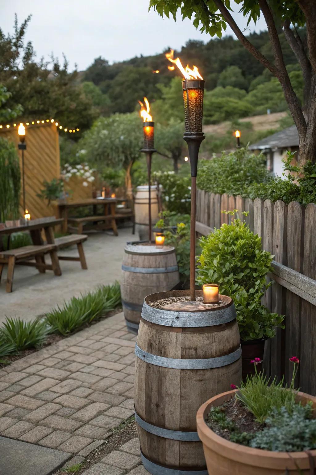 Introduce farmhouse charm with wine cask flame posts.