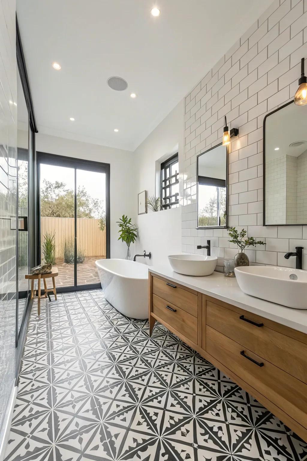 Geometric panels inject a contemporary edge into this sleek bathroom.