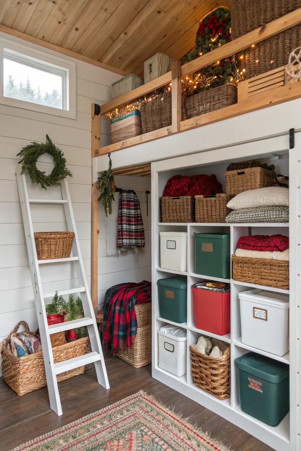 Loft storage in a tiny house keeps the floor area free